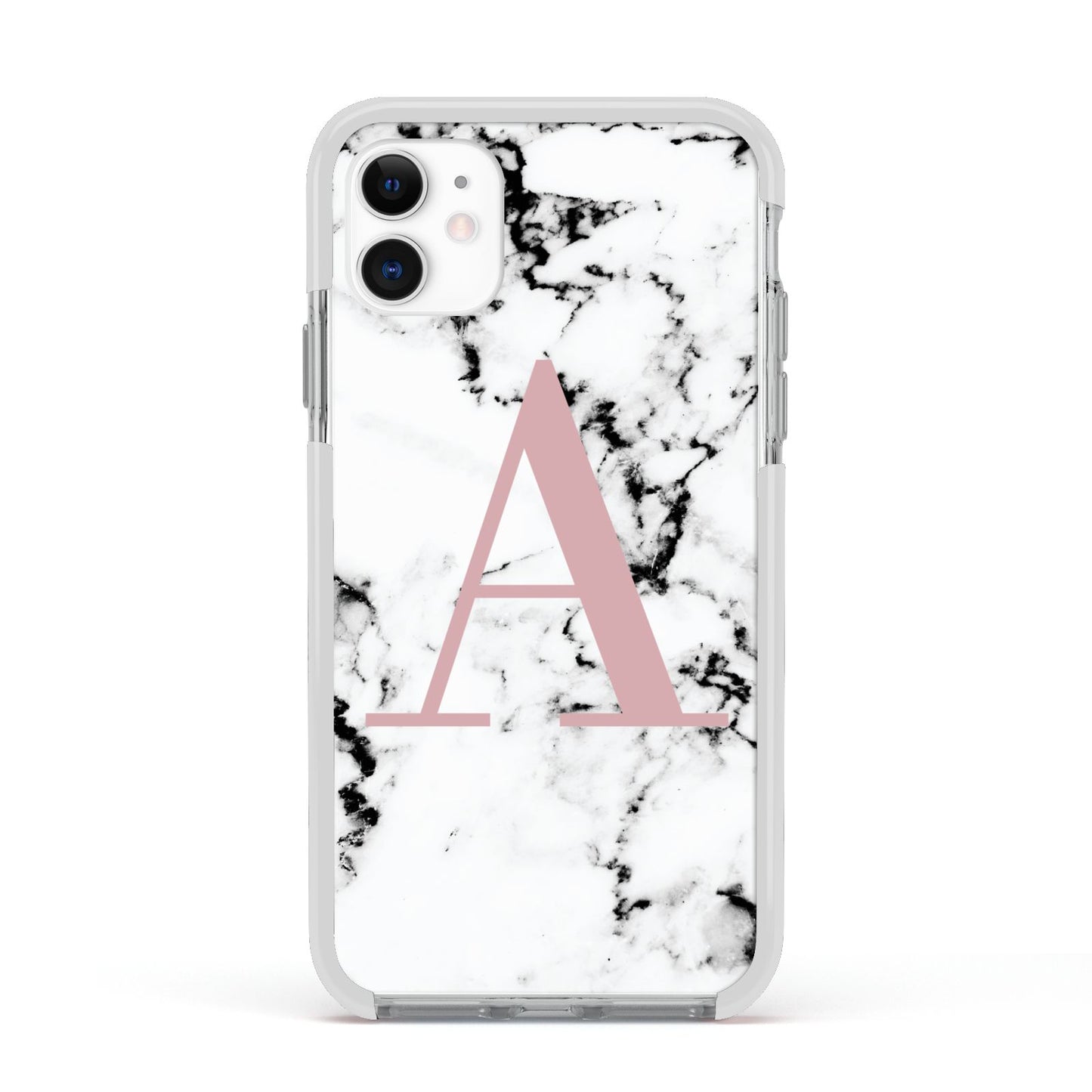 Marble Effect Pink Initial Personalised Apple iPhone 11 in White with White Impact Case