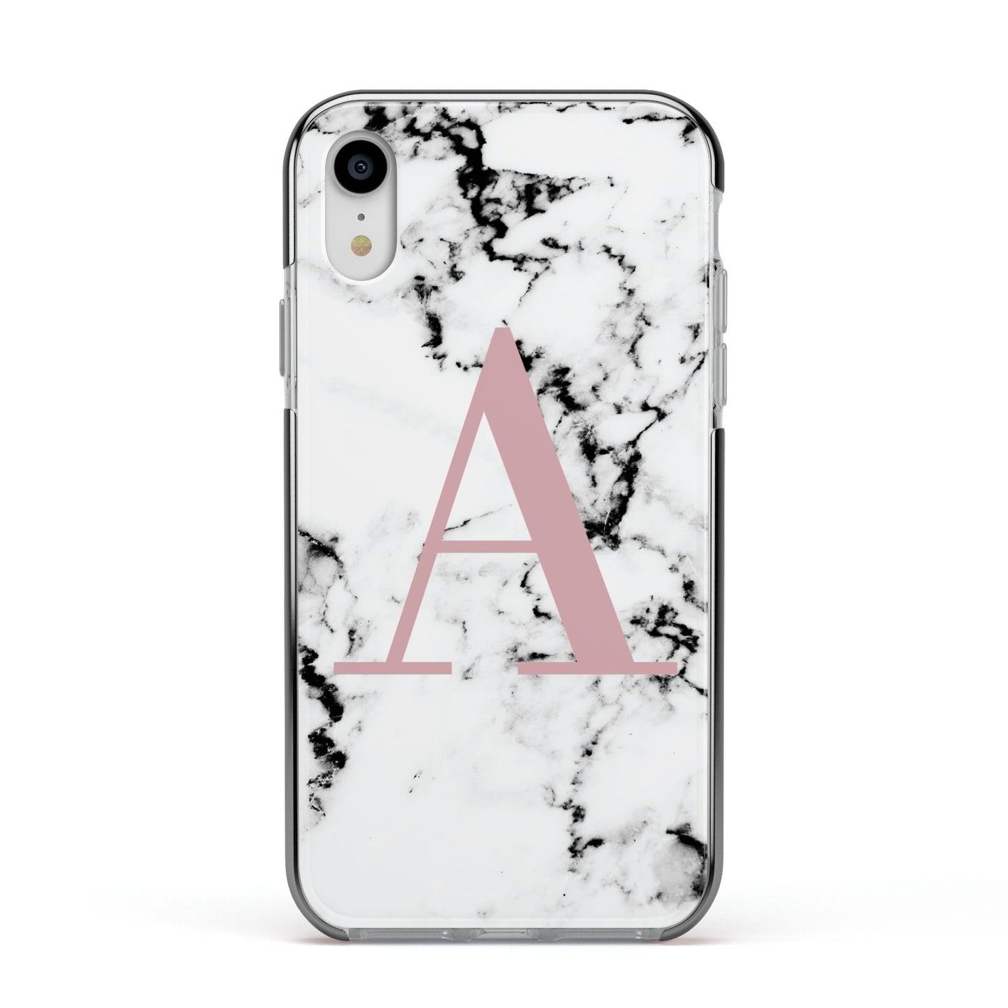 Marble Effect Pink Initial Personalised Apple iPhone XR Impact Case Black Edge on Silver Phone