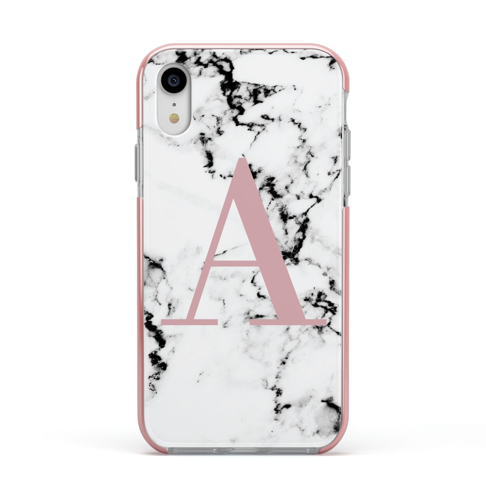 Marble Effect Pink Initial Personalised Apple iPhone XR Impact Case Pink Edge on Silver Phone