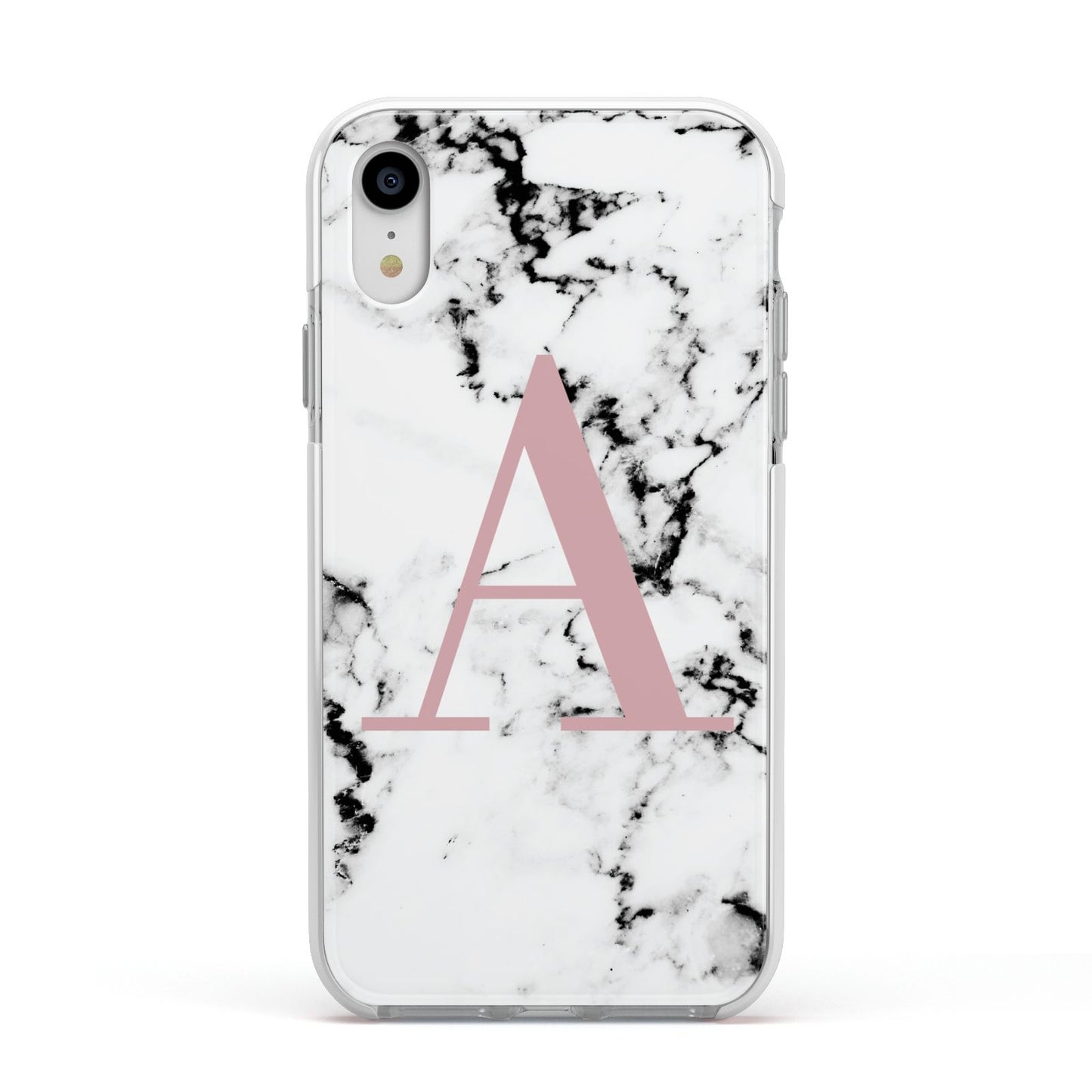 Marble Effect Pink Initial Personalised Apple iPhone XR Impact Case White Edge on Silver Phone