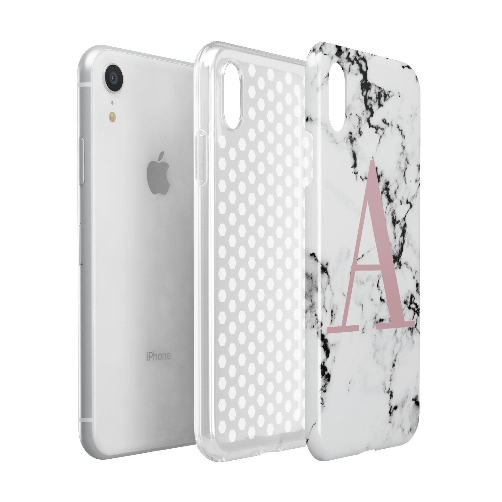 Marble Effect Pink Initial Personalised Apple iPhone XR White 3D Tough Case Expanded view