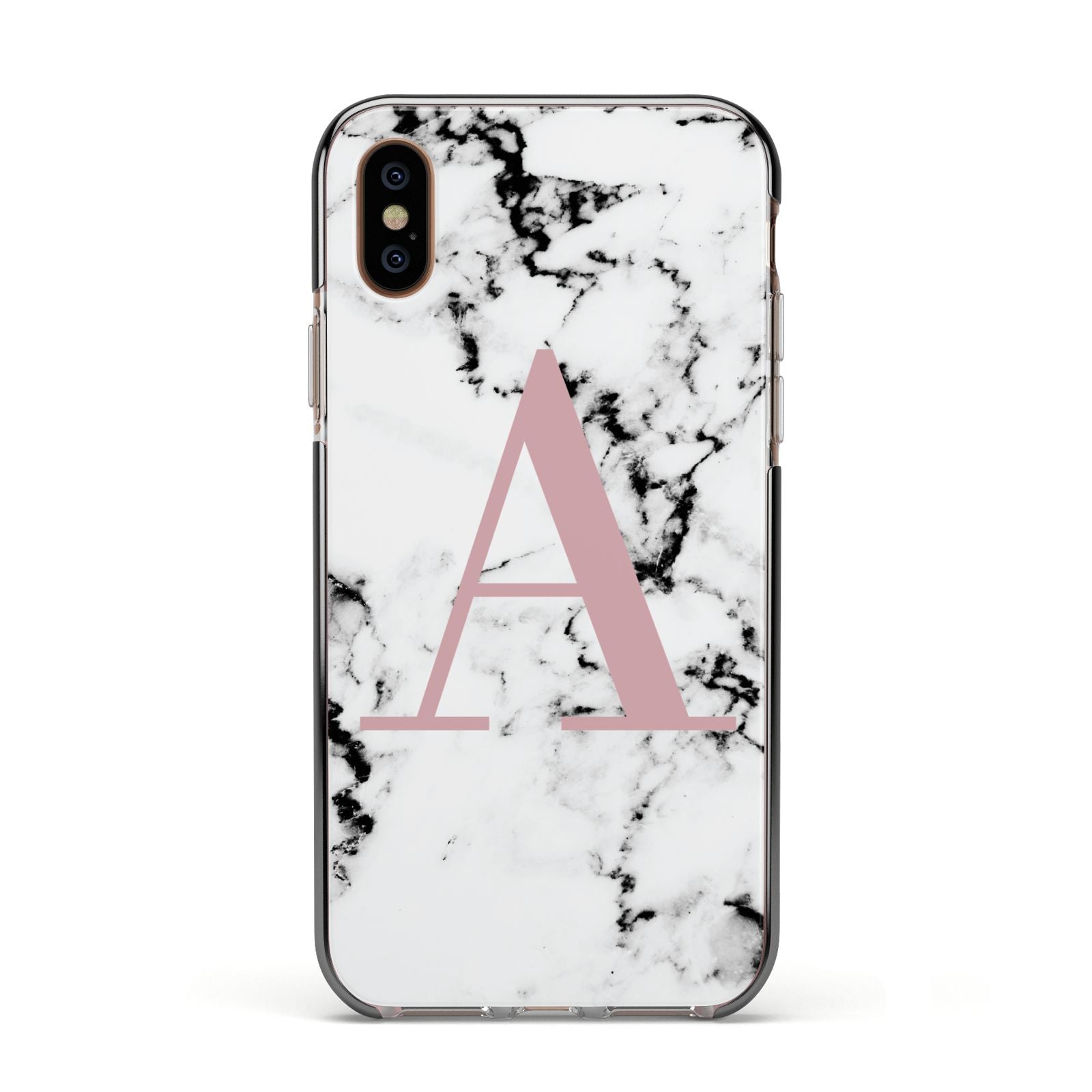 Marble Effect Pink Initial Personalised Apple iPhone Xs Impact Case Black Edge on Gold Phone