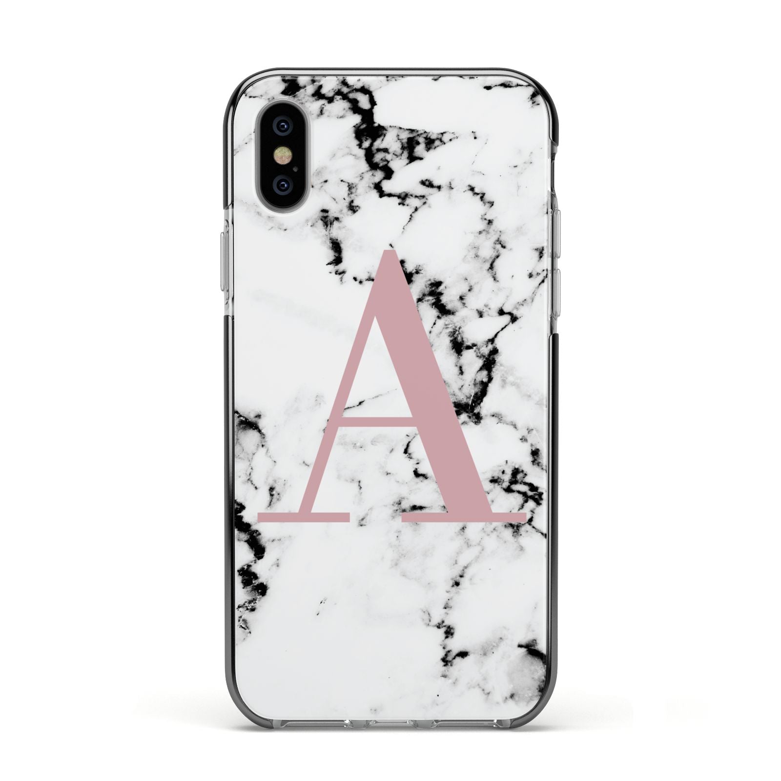 Marble Effect Pink Initial Personalised Apple iPhone Xs Impact Case Black Edge on Silver Phone