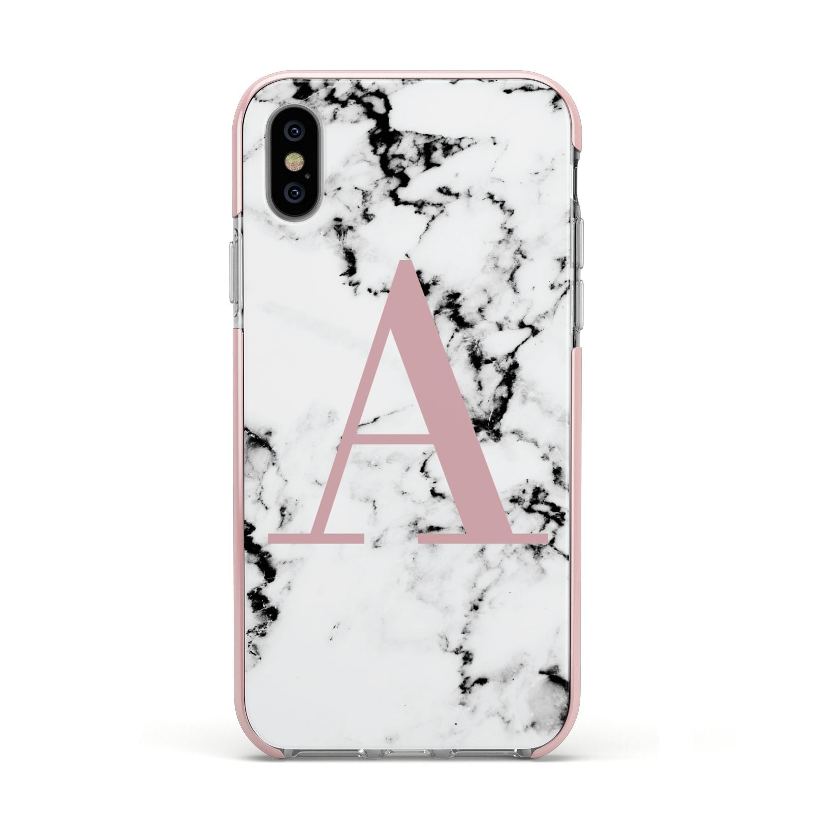 Marble Effect Pink Initial Personalised Apple iPhone Xs Impact Case Pink Edge on Silver Phone