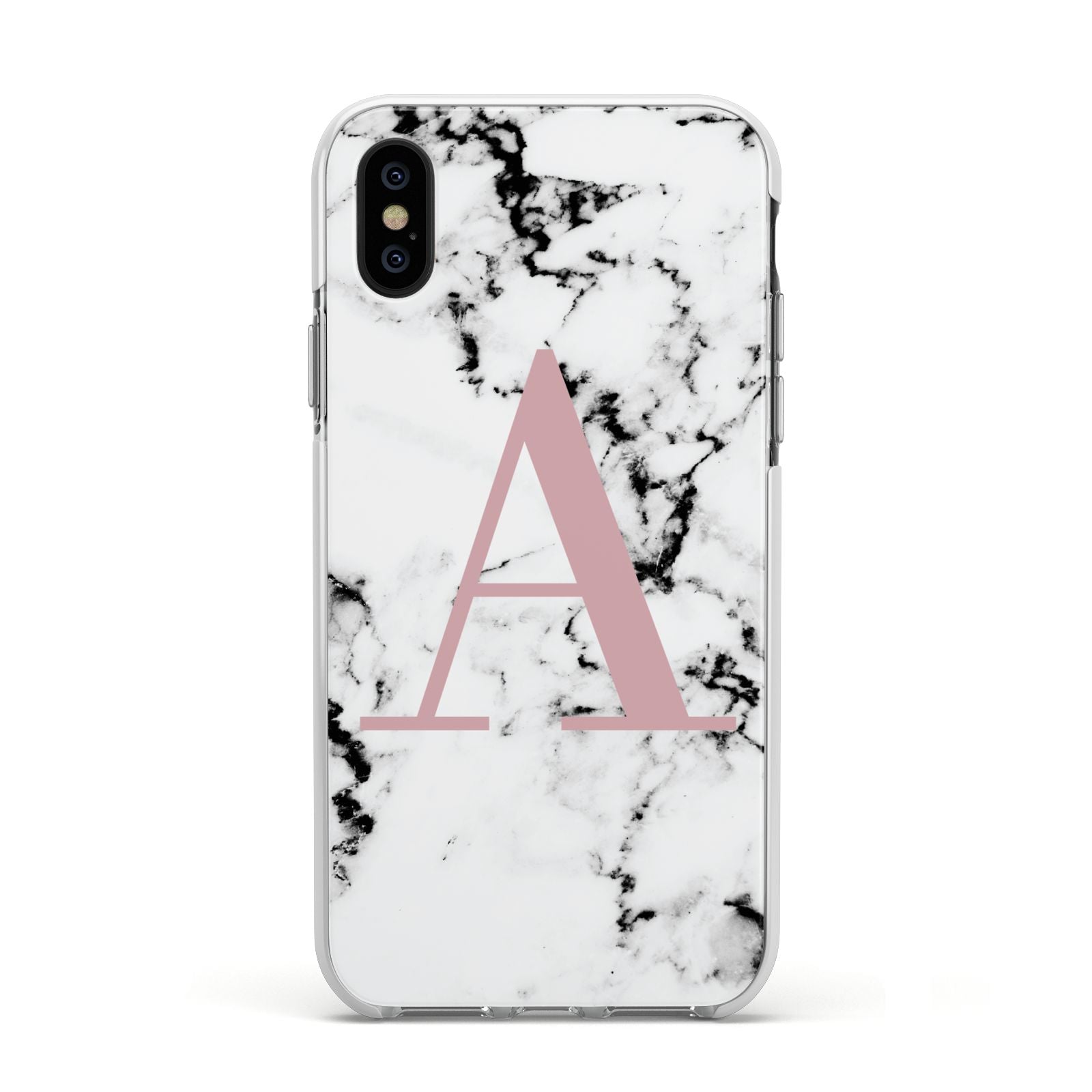 Marble Effect Pink Initial Personalised Apple iPhone Xs Impact Case White Edge on Black Phone