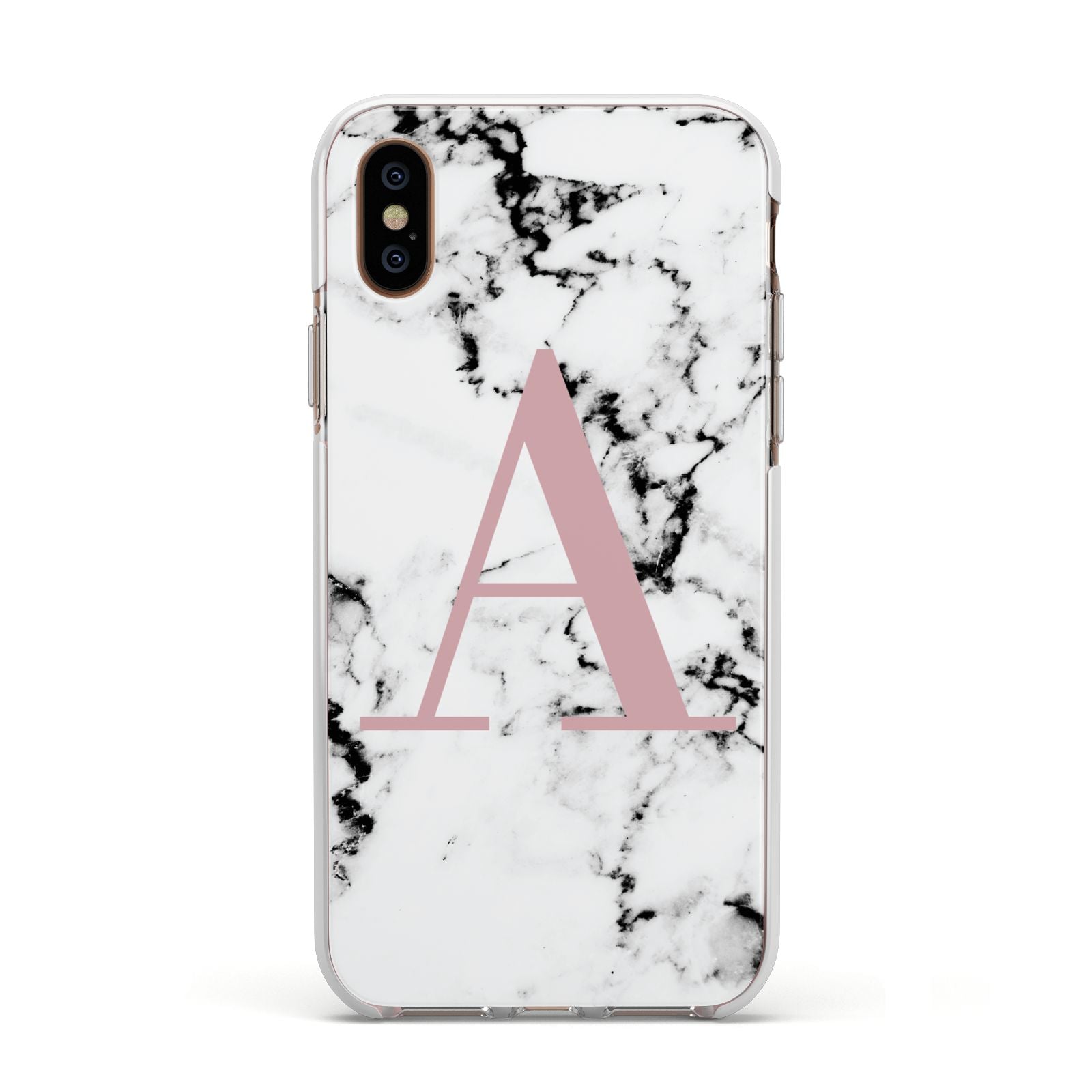 Marble Effect Pink Initial Personalised Apple iPhone Xs Impact Case White Edge on Gold Phone