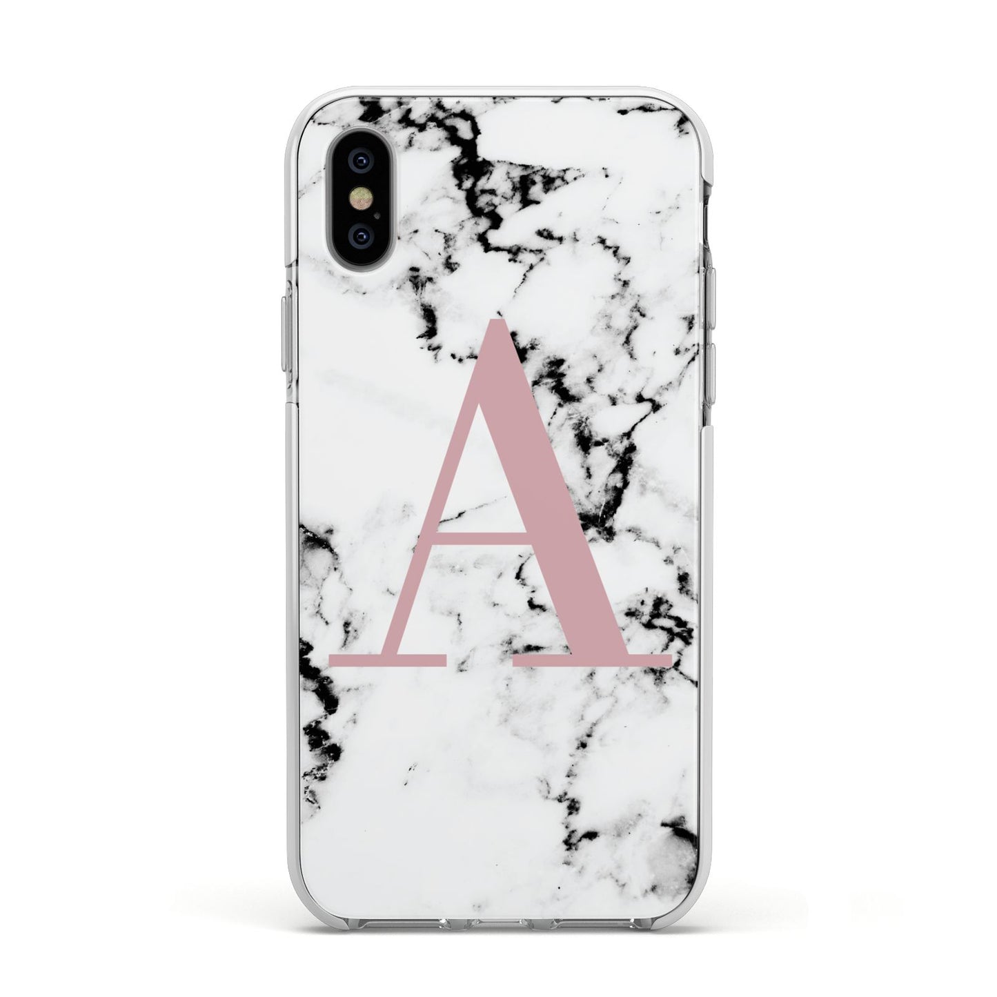 Marble Effect Pink Initial Personalised Apple iPhone Xs Impact Case White Edge on Silver Phone