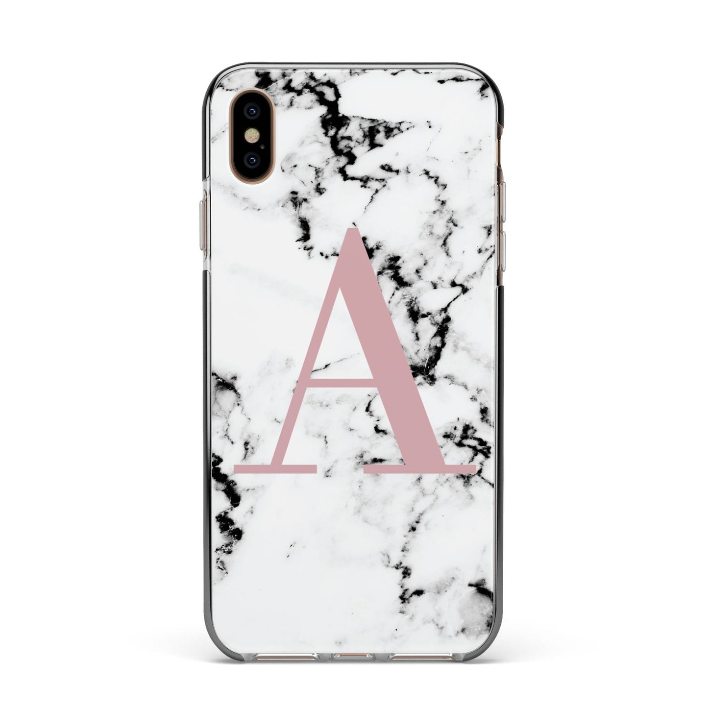 Marble Effect Pink Initial Personalised Apple iPhone Xs Max Impact Case Black Edge on Gold Phone