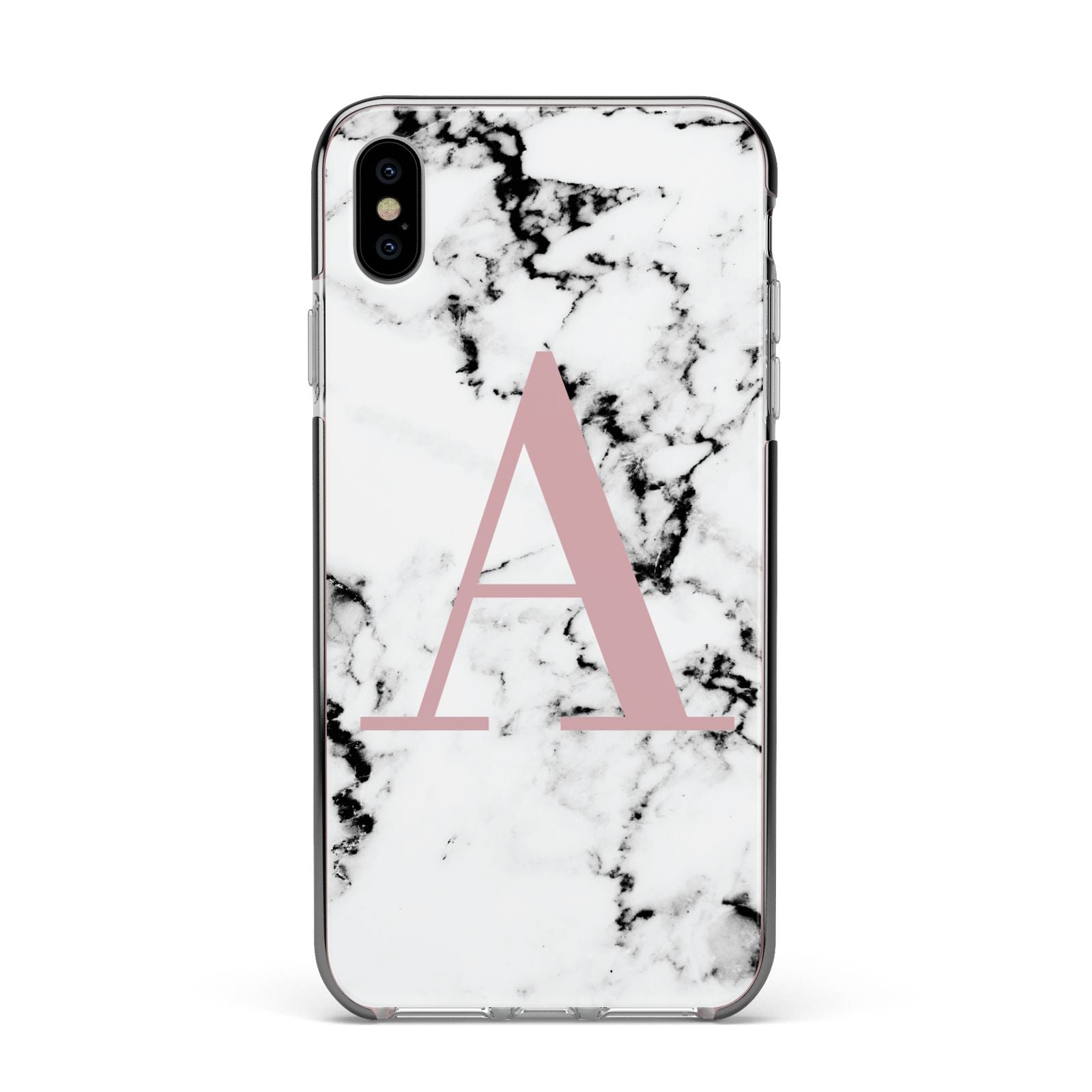 Marble Effect Pink Initial Personalised Apple iPhone Xs Max Impact Case Black Edge on Silver Phone