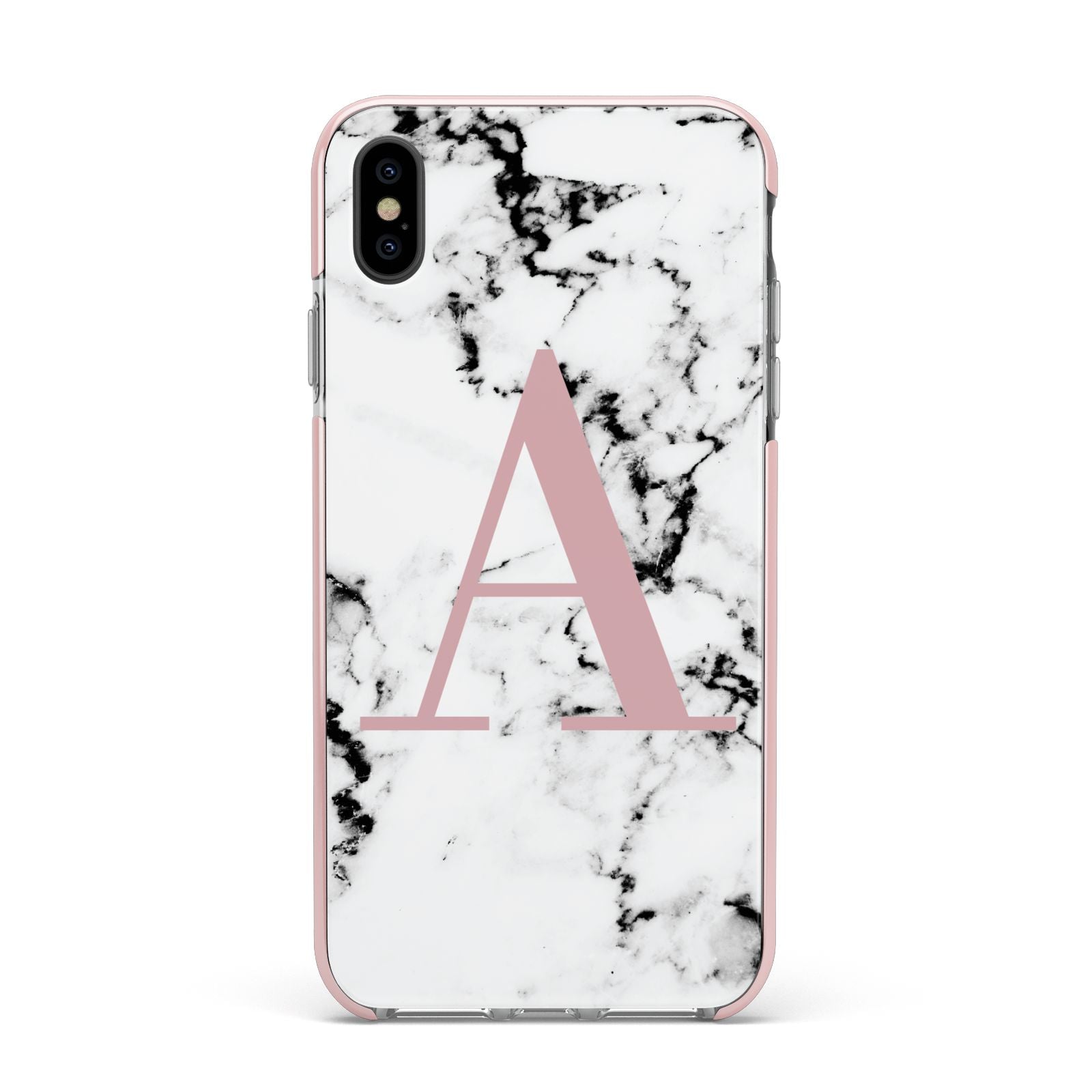 Marble Effect Pink Initial Personalised Apple iPhone Xs Max Impact Case Pink Edge on Black Phone