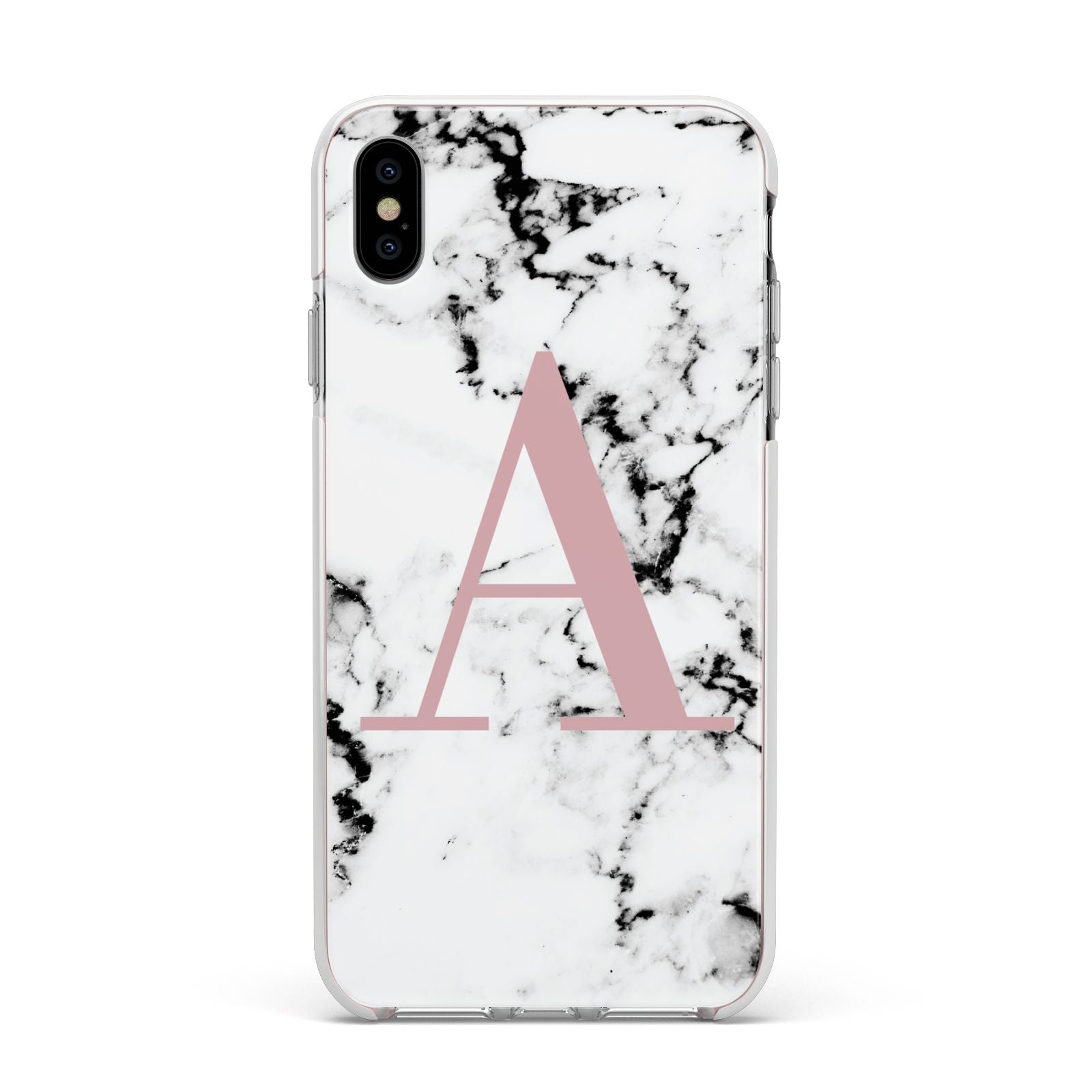 Marble Effect Pink Initial Personalised Apple iPhone Xs Max Impact Case White Edge on Silver Phone