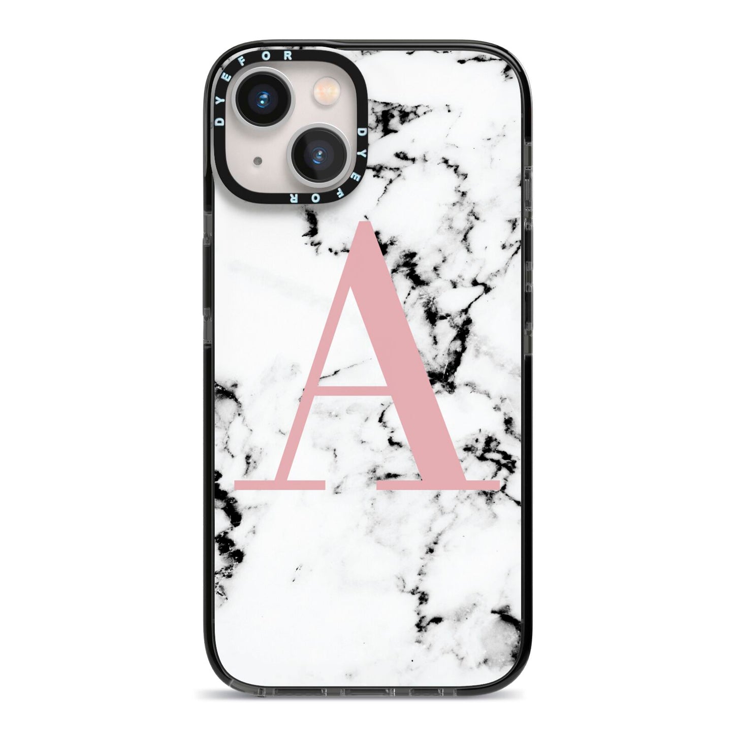 Marble Effect Pink Initial Personalised iPhone 13 Black Impact Case on Silver phone