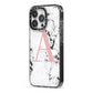 Marble Effect Pink Initial Personalised iPhone 13 Pro Black Impact Case Side Angle on Silver phone