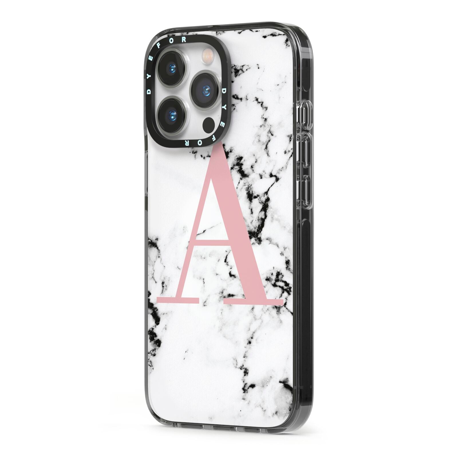 Marble Effect Pink Initial Personalised iPhone 13 Pro Black Impact Case Side Angle on Silver phone