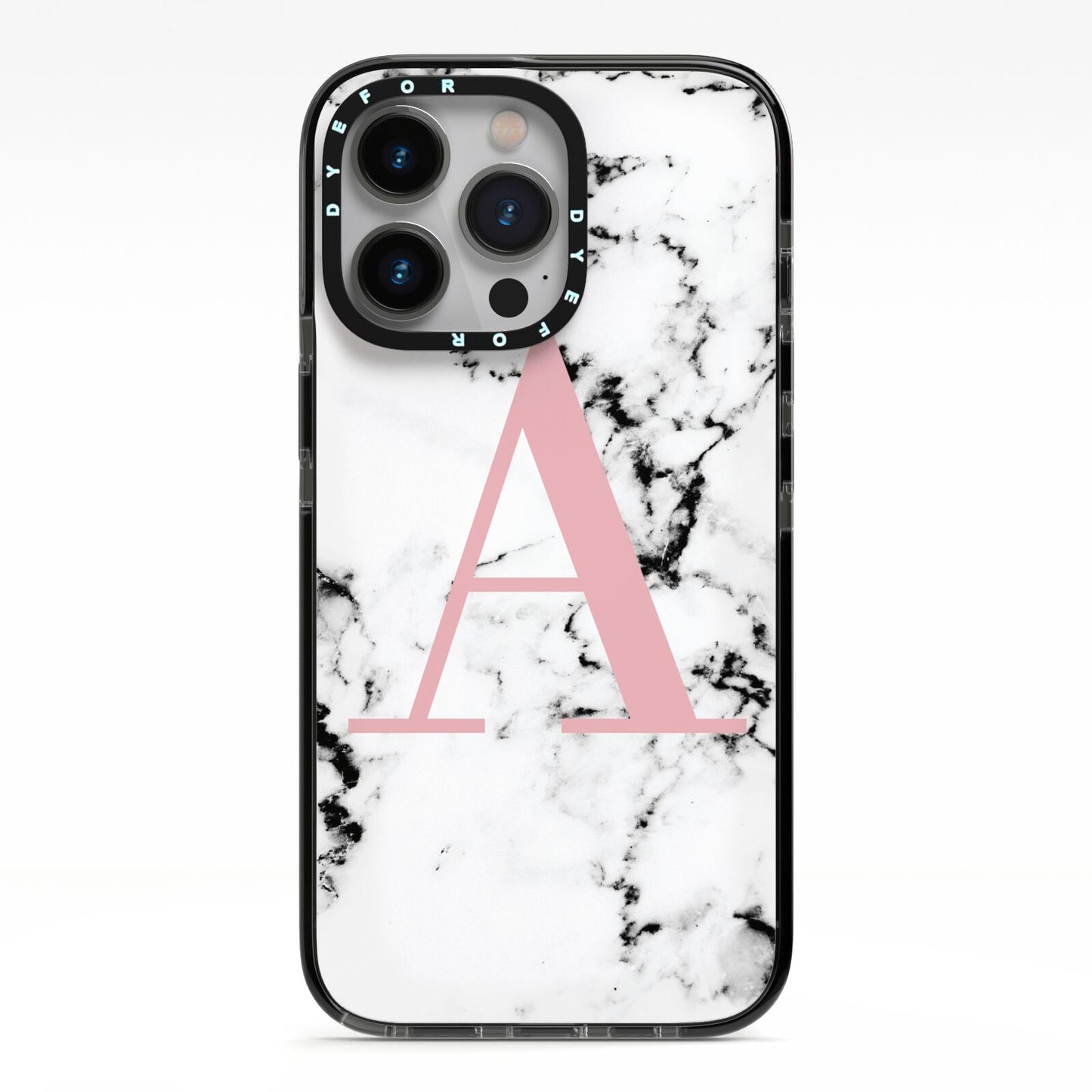 Marble Effect Pink Initial Personalised iPhone 13 Pro Black Impact Case on Silver phone