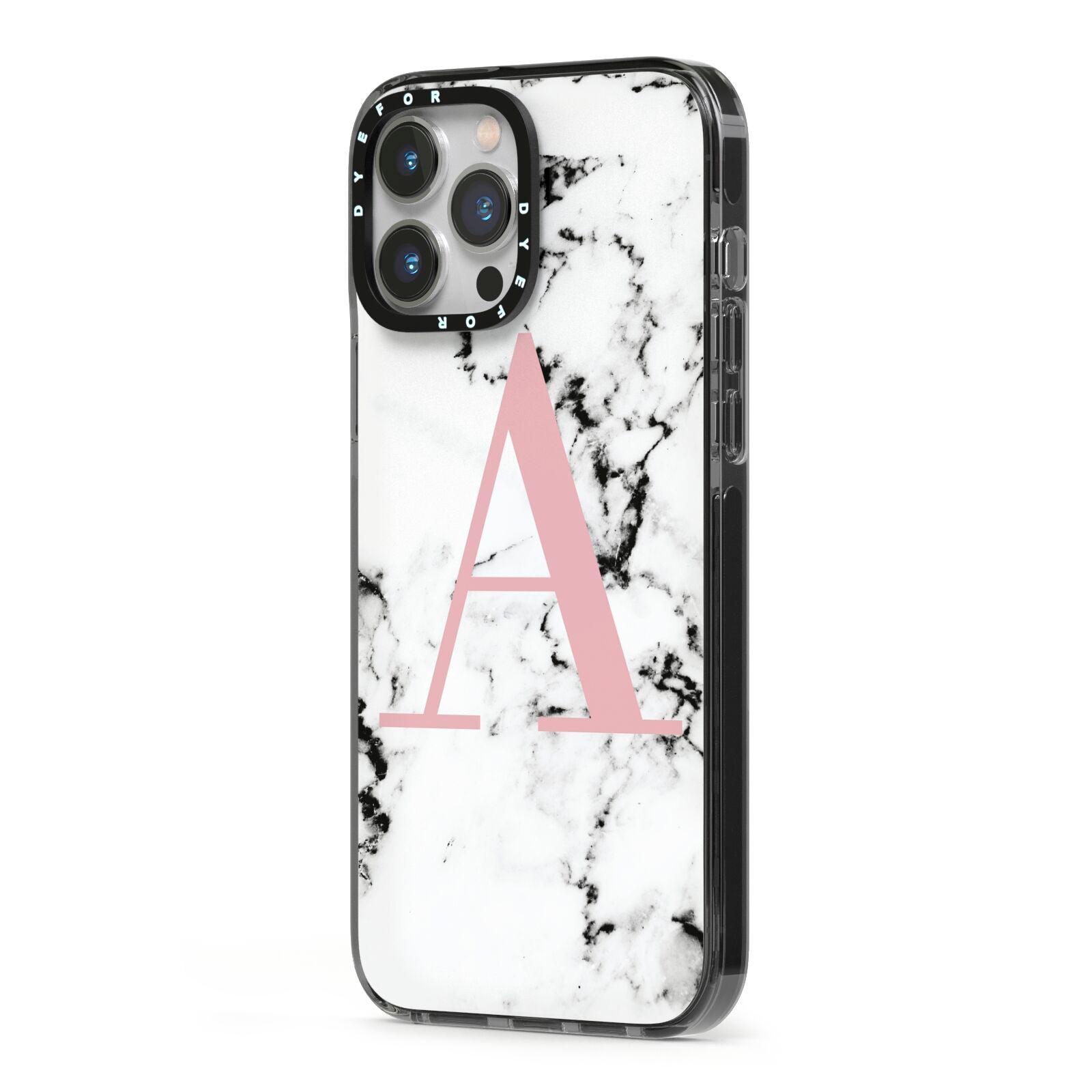 Marble Effect Pink Initial Personalised iPhone 13 Pro Max Black Impact Case Side Angle on Silver phone