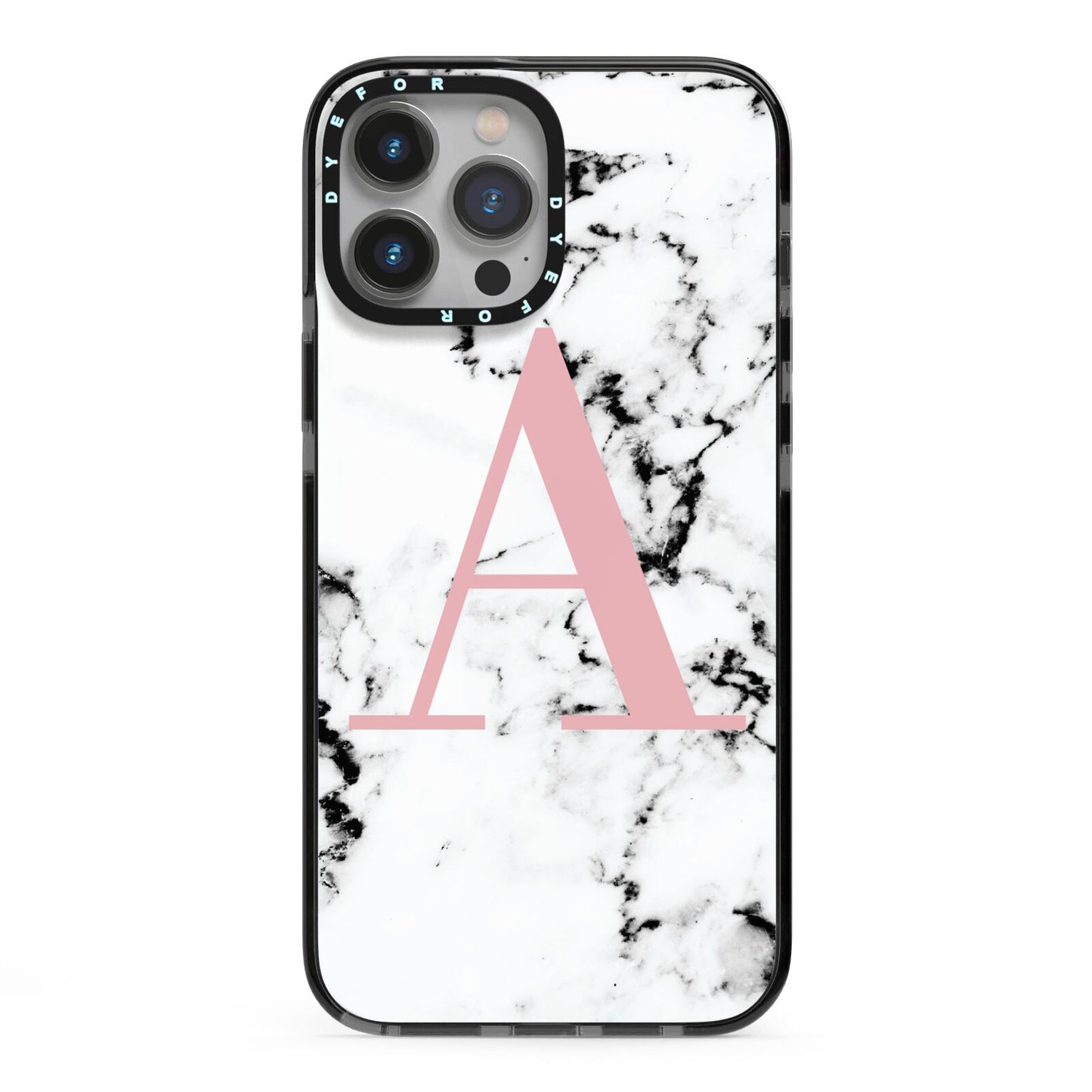 Marble Effect Pink Initial Personalised iPhone 13 Pro Max Black Impact Case on Silver phone