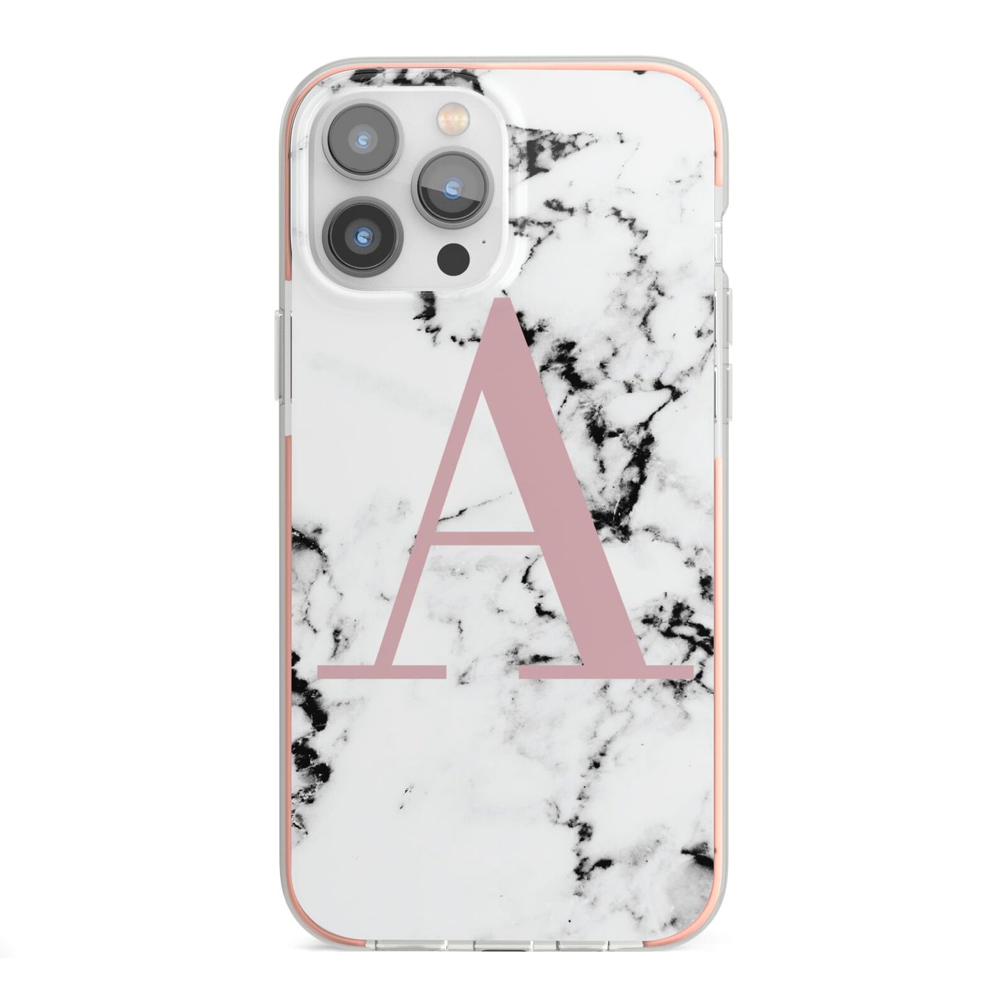 Marble Effect Pink Initial Personalised iPhone 13 Pro Max TPU Impact Case with Pink Edges
