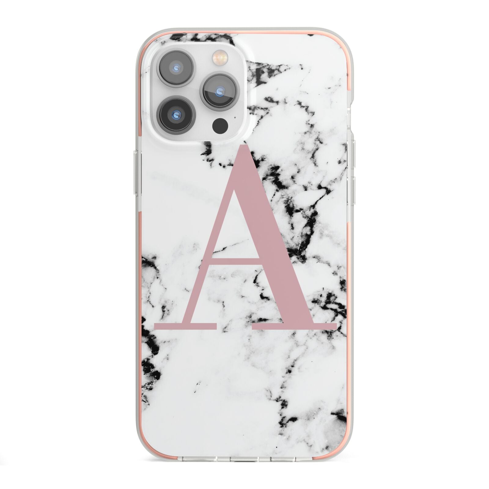 Marble Effect Pink Initial Personalised iPhone 13 Pro Max TPU Impact Case with Pink Edges