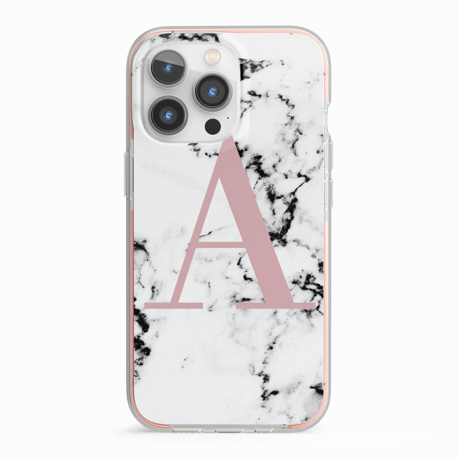 Marble Effect Pink Initial Personalised iPhone 13 Pro TPU Impact Case with Pink Edges