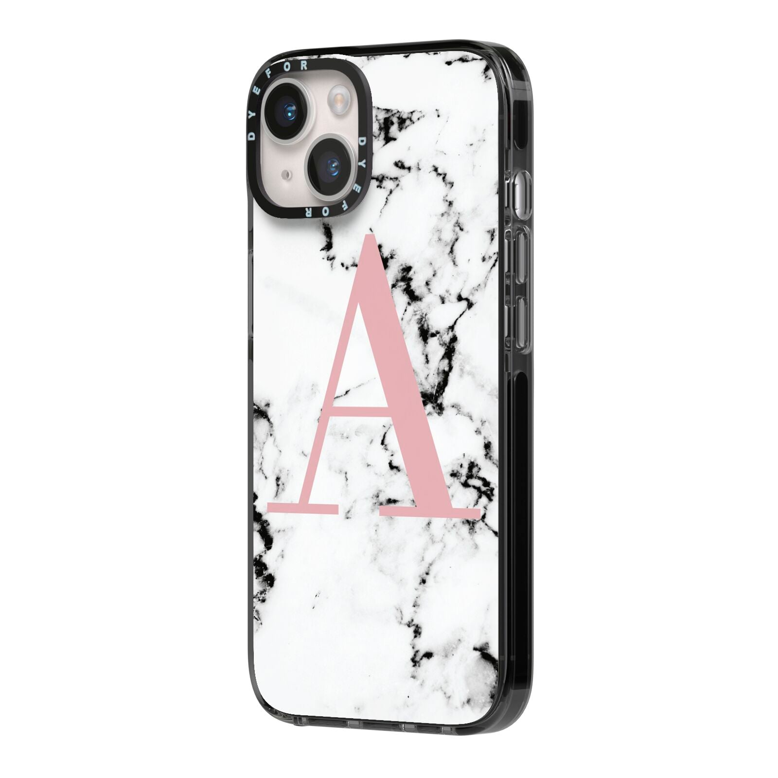 Marble Effect Pink Initial Personalised iPhone 14 Black Impact Case Side Angle on Silver phone
