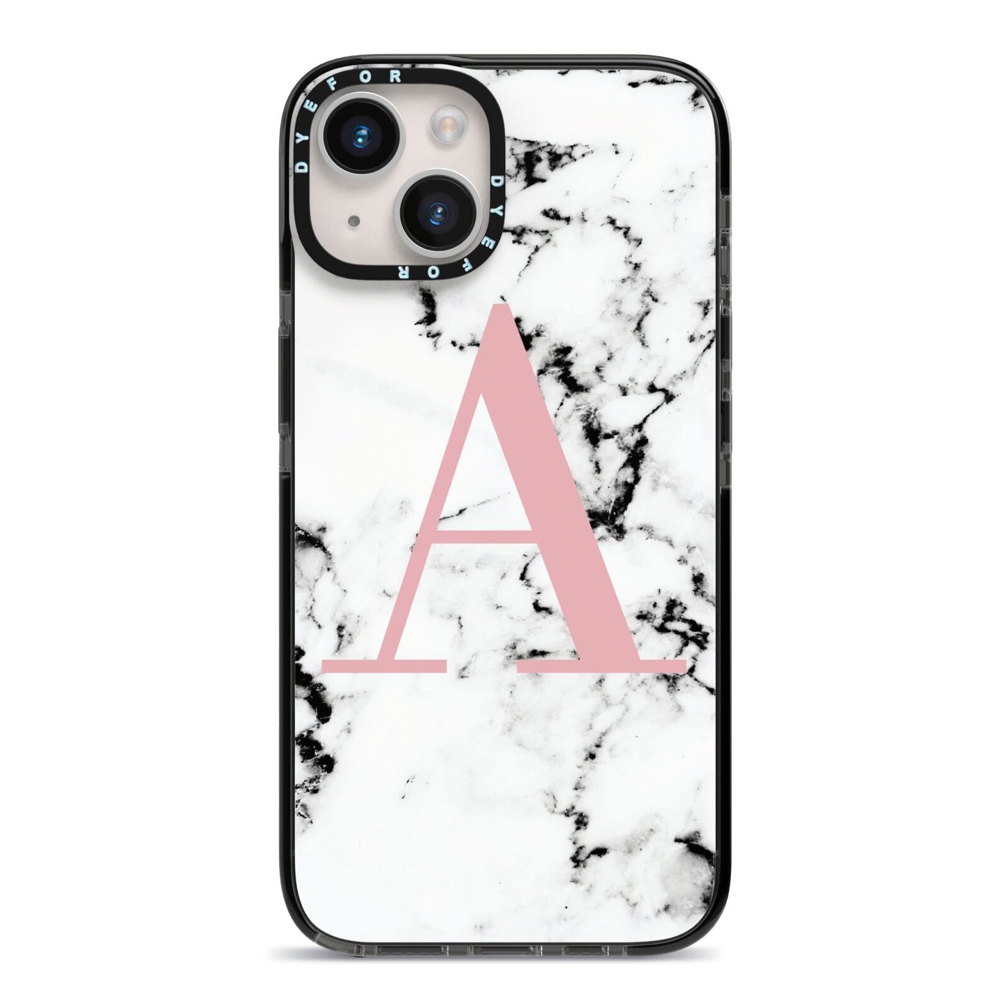 Marble Effect Pink Initial Personalised iPhone 14 Black Impact Case on Silver phone