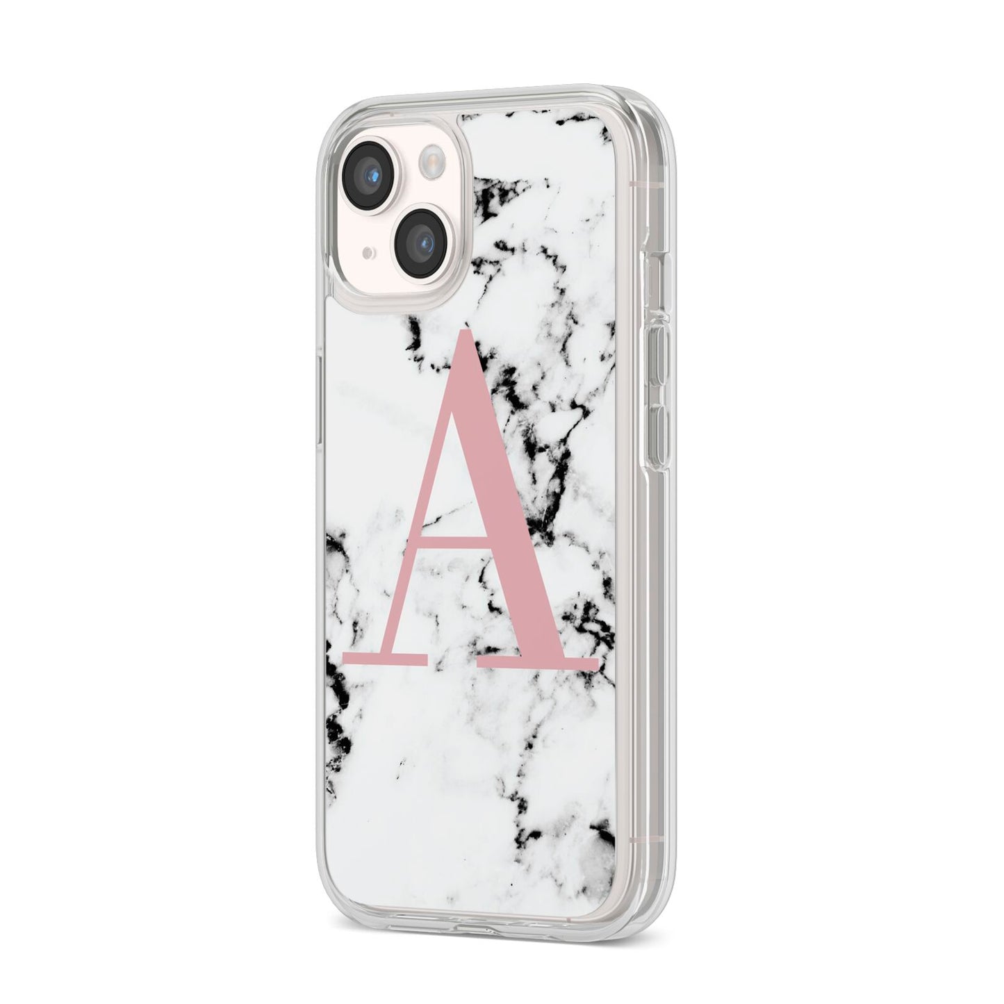Marble Effect Pink Initial Personalised iPhone 14 Clear Tough Case Starlight Angled Image