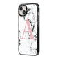 Marble Effect Pink Initial Personalised iPhone 14 Plus Black Impact Case Side Angle on Silver phone