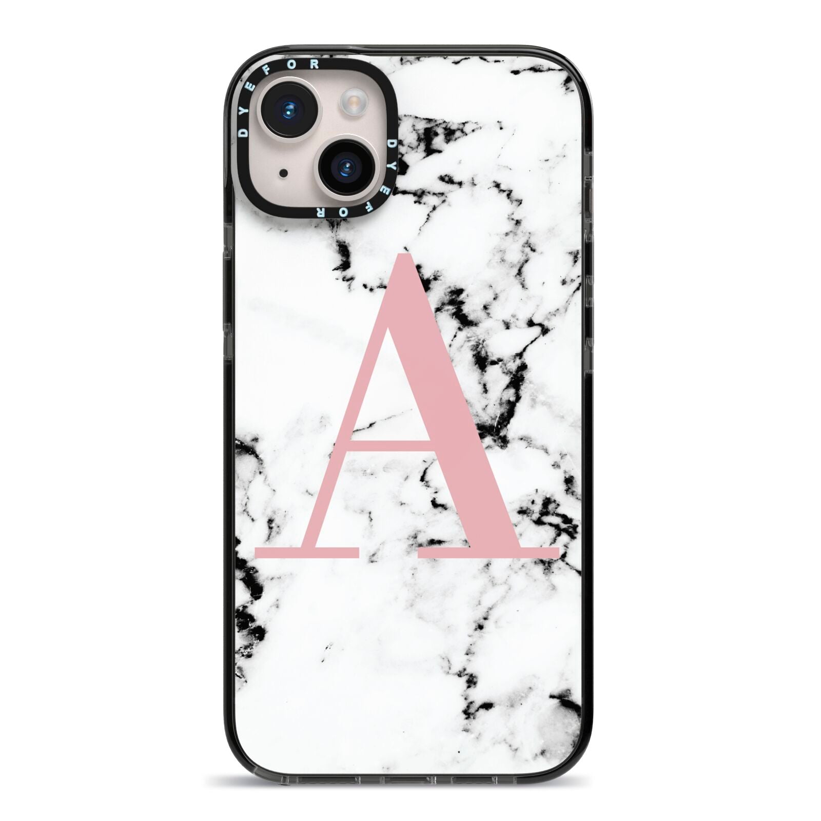 Marble Effect Pink Initial Personalised iPhone 14 Plus Black Impact Case on Silver phone