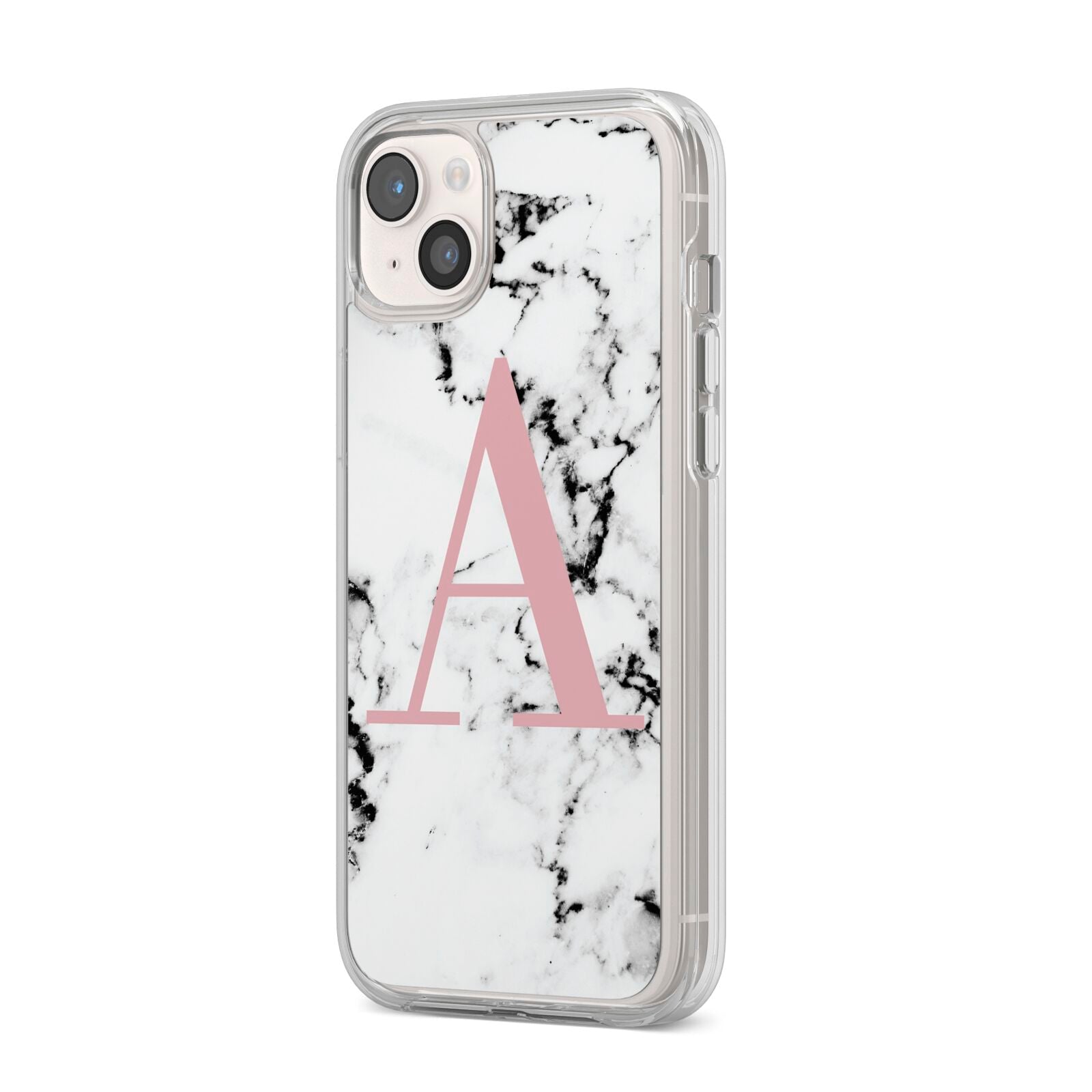 Marble Effect Pink Initial Personalised iPhone 14 Plus Clear Tough Case Starlight Angled Image