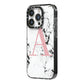 Marble Effect Pink Initial Personalised iPhone 14 Pro Black Impact Case Side Angle on Silver phone
