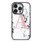 Marble Effect Pink Initial Personalised iPhone 14 Pro Black Impact Case on Silver phone