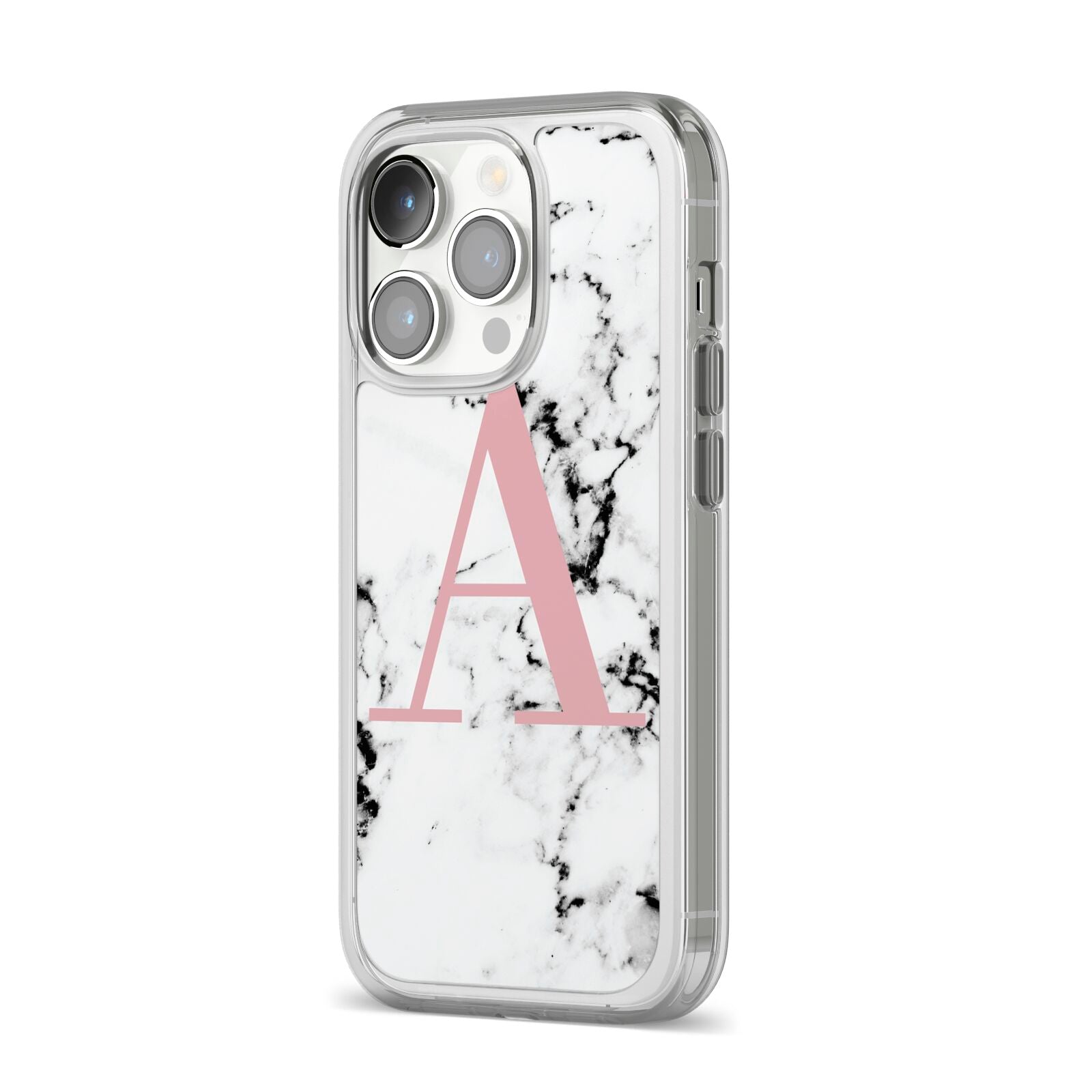 Marble Effect Pink Initial Personalised iPhone 14 Pro Clear Tough Case Silver Angled Image