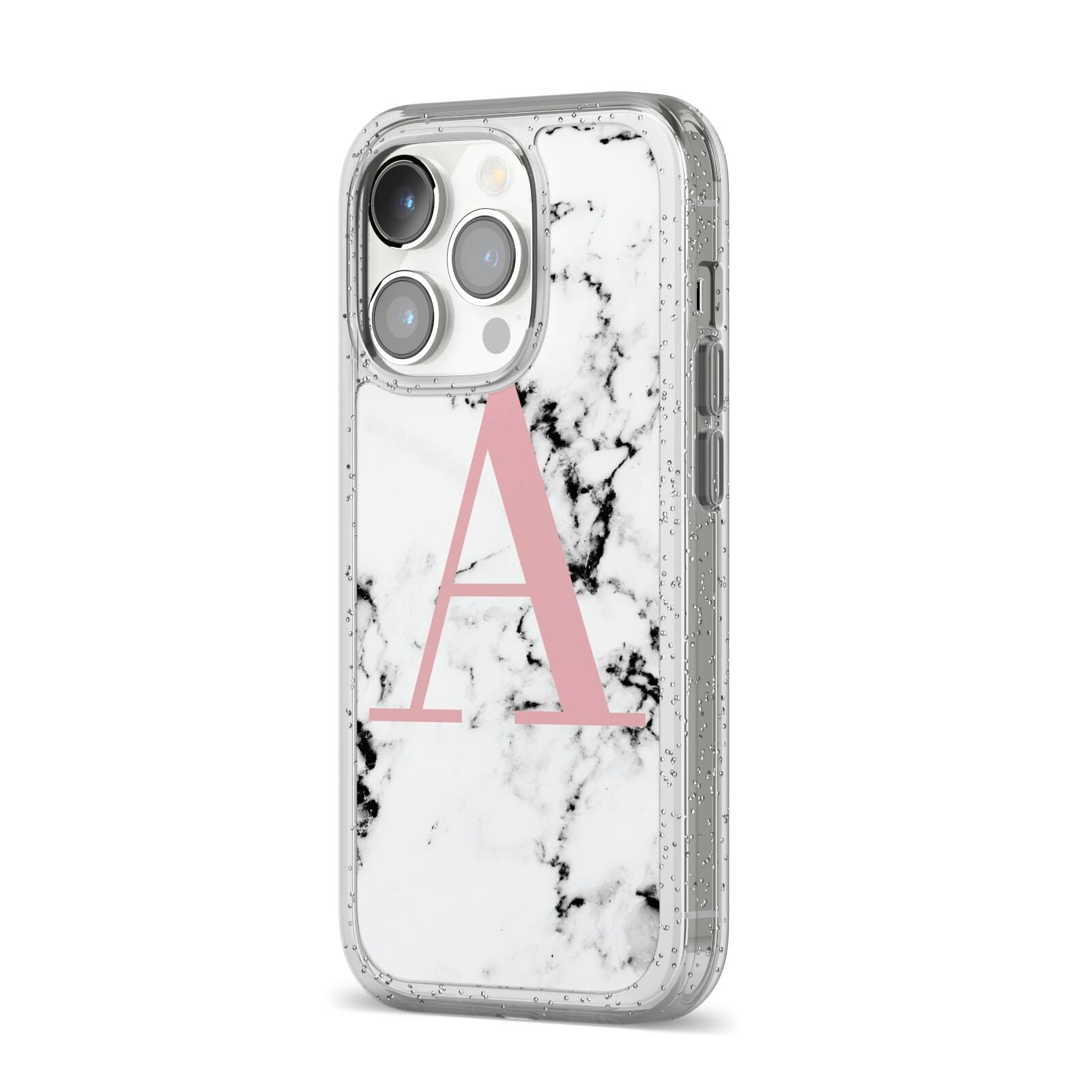 Marble Effect Pink Initial Personalised iPhone 14 Pro Glitter Tough Case Silver Angled Image