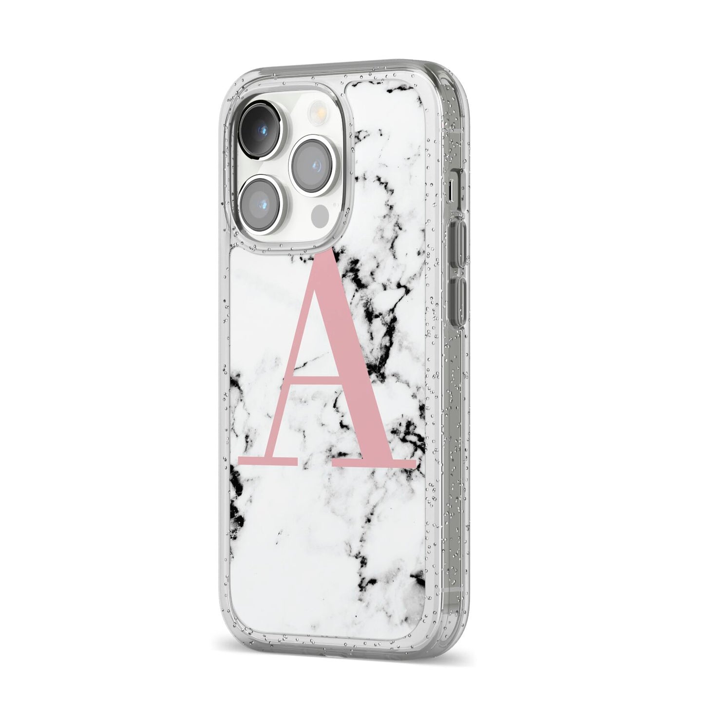 Marble Effect Pink Initial Personalised iPhone 14 Pro Glitter Tough Case Silver Angled Image
