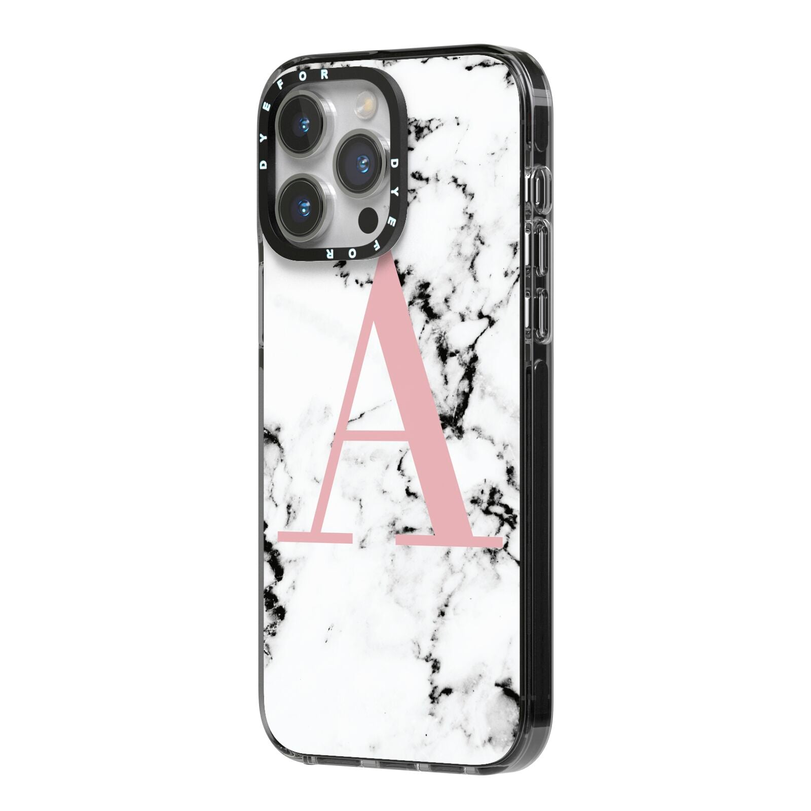 Marble Effect Pink Initial Personalised iPhone 14 Pro Max Black Impact Case Side Angle on Silver phone