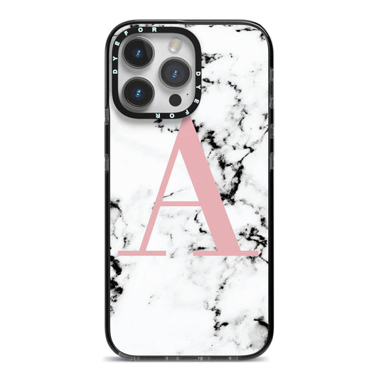 Marble Effect Pink Initial Personalised iPhone 14 Pro Max Black Impact Case on Silver phone