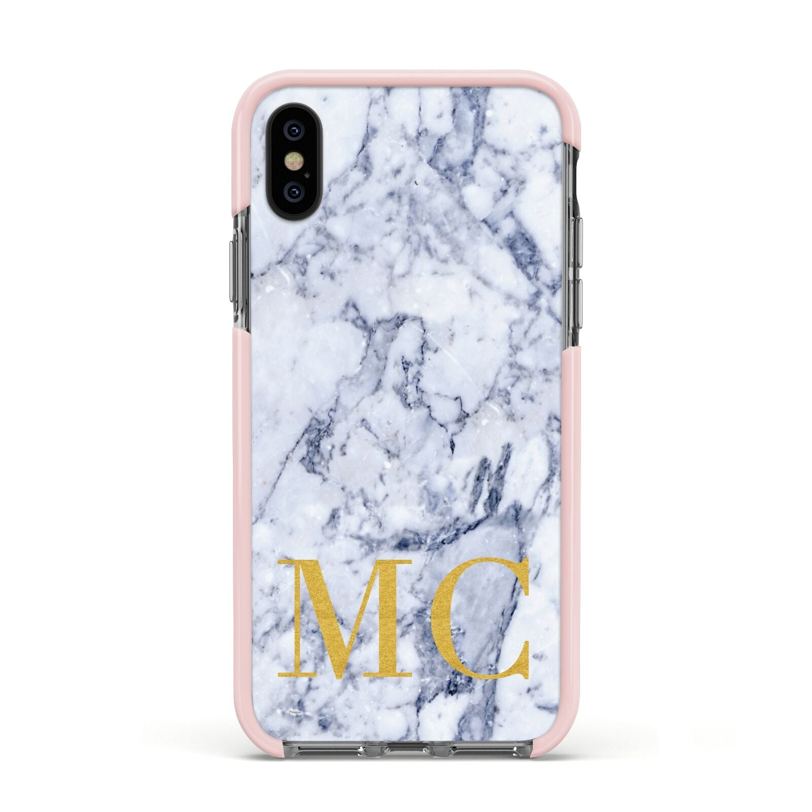 Marble Gold Initial Personalised Apple iPhone Xs Impact Case Pink Edge on Black Phone