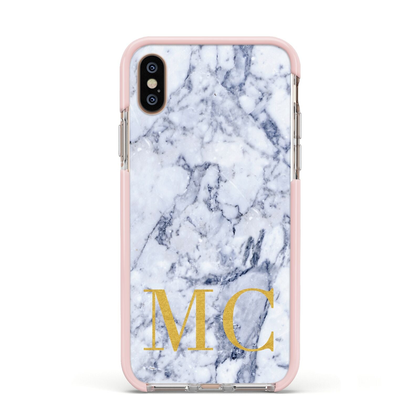 Marble Gold Initial Personalised Apple iPhone Xs Impact Case Pink Edge on Gold Phone