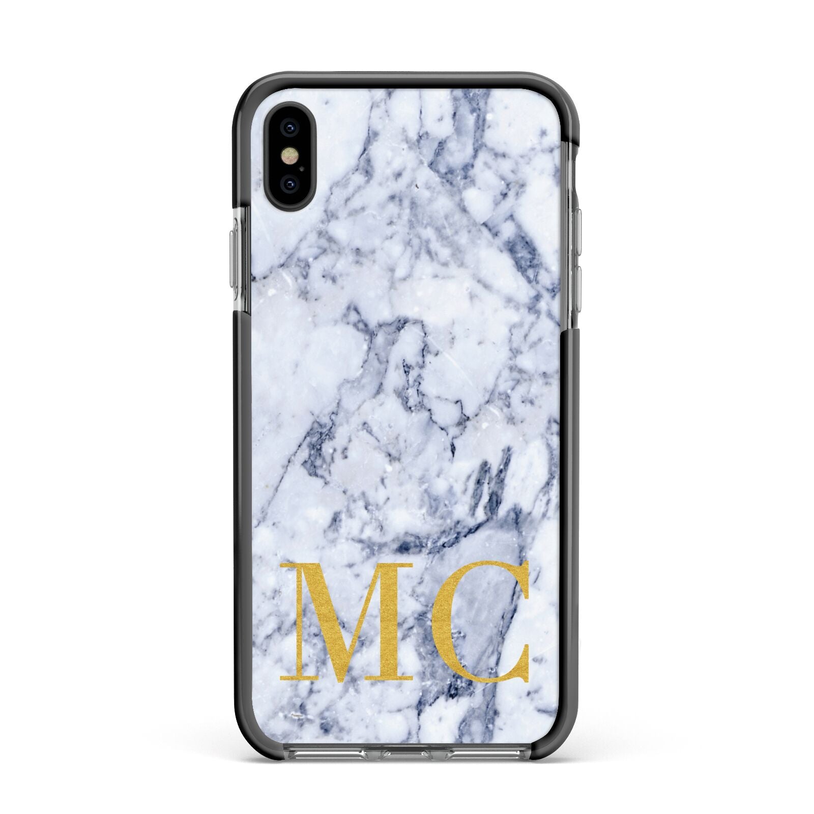 Marble Gold Initial Personalised Apple iPhone Xs Max Impact Case Black Edge on Black Phone