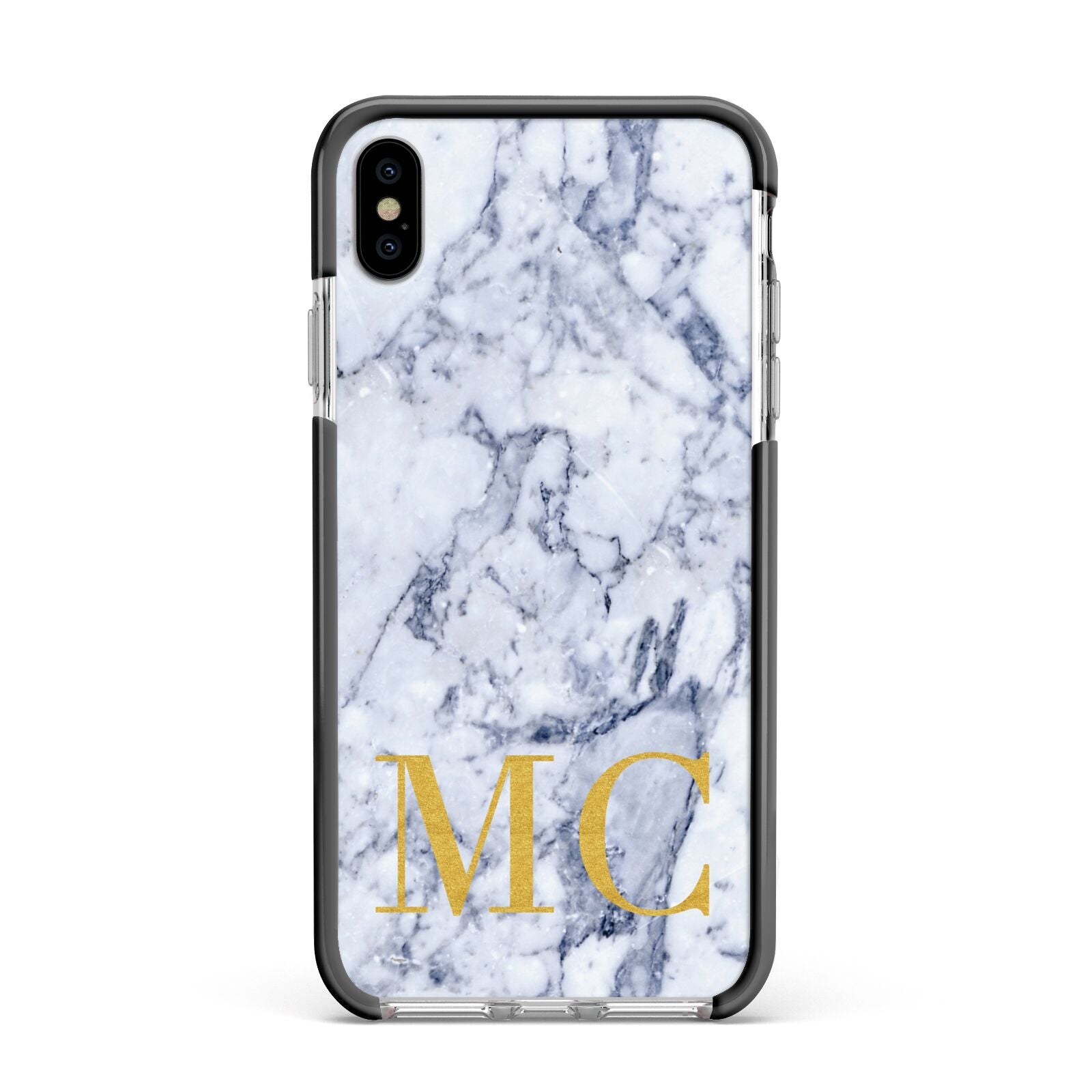 Marble Gold Initial Personalised Apple iPhone Xs Max Impact Case Black Edge on Silver Phone
