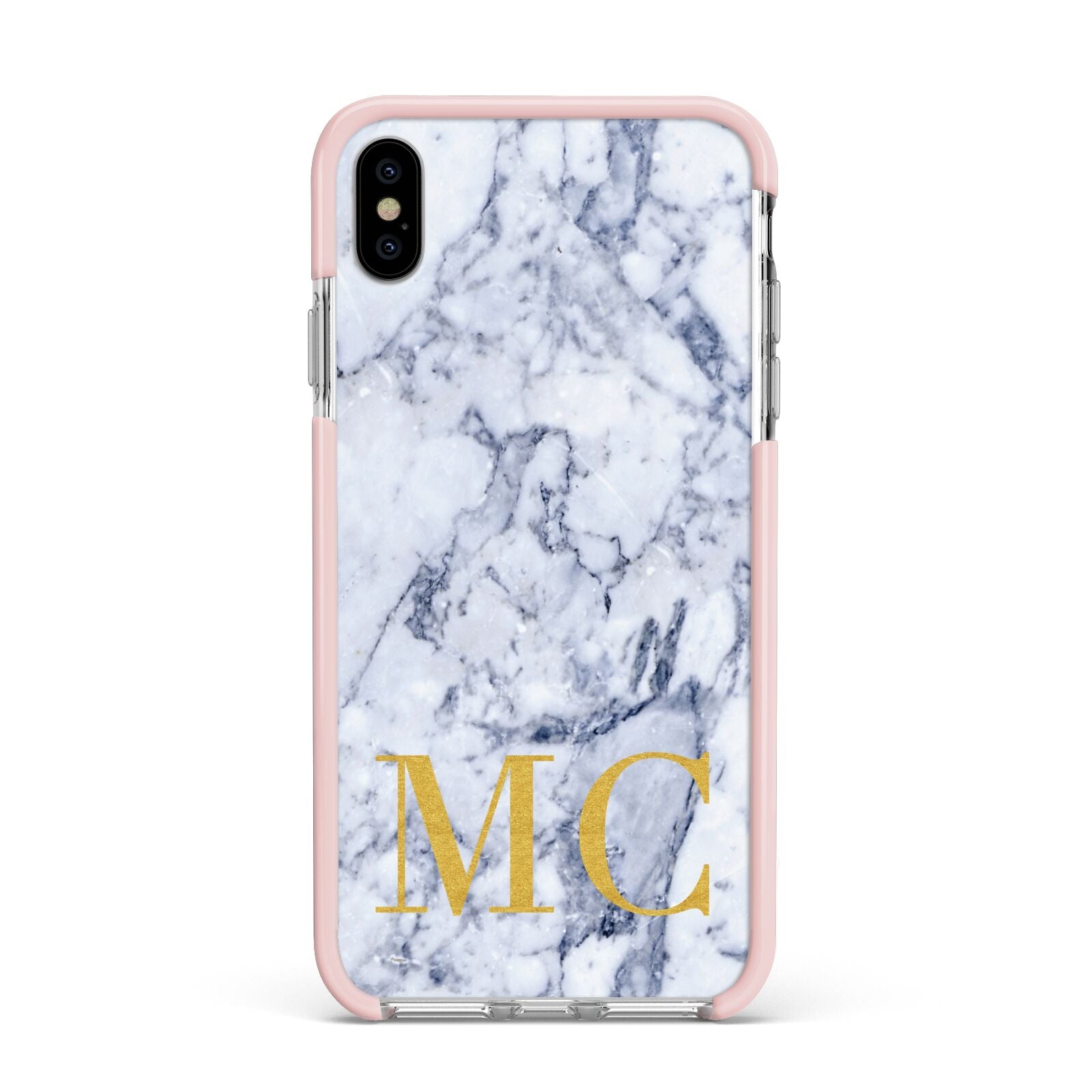 Marble Gold Initial Personalised Apple iPhone Xs Max Impact Case Pink Edge on Silver Phone