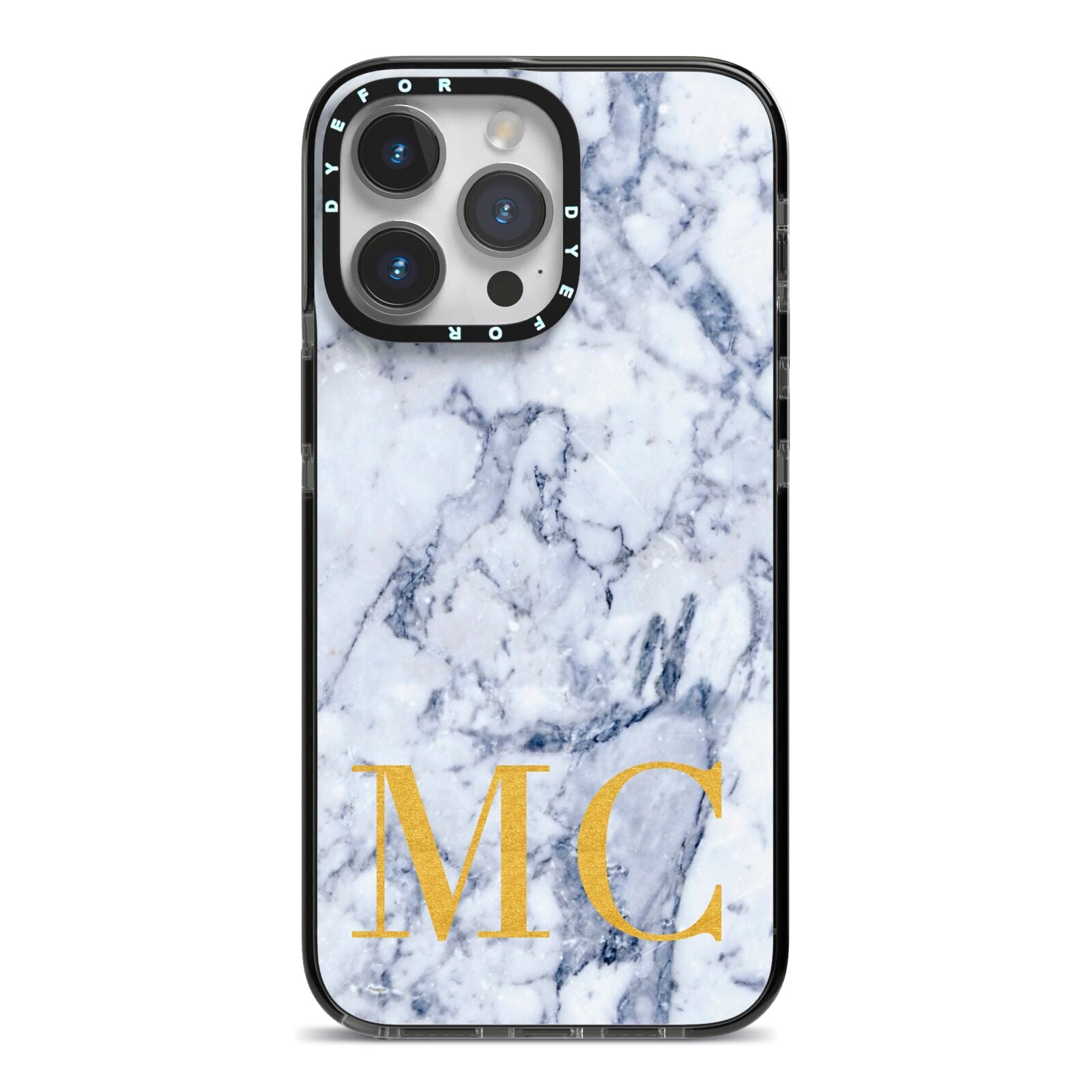 Marble Gold Initial Personalised iPhone 14 Pro Max Black Impact Case on Silver phone