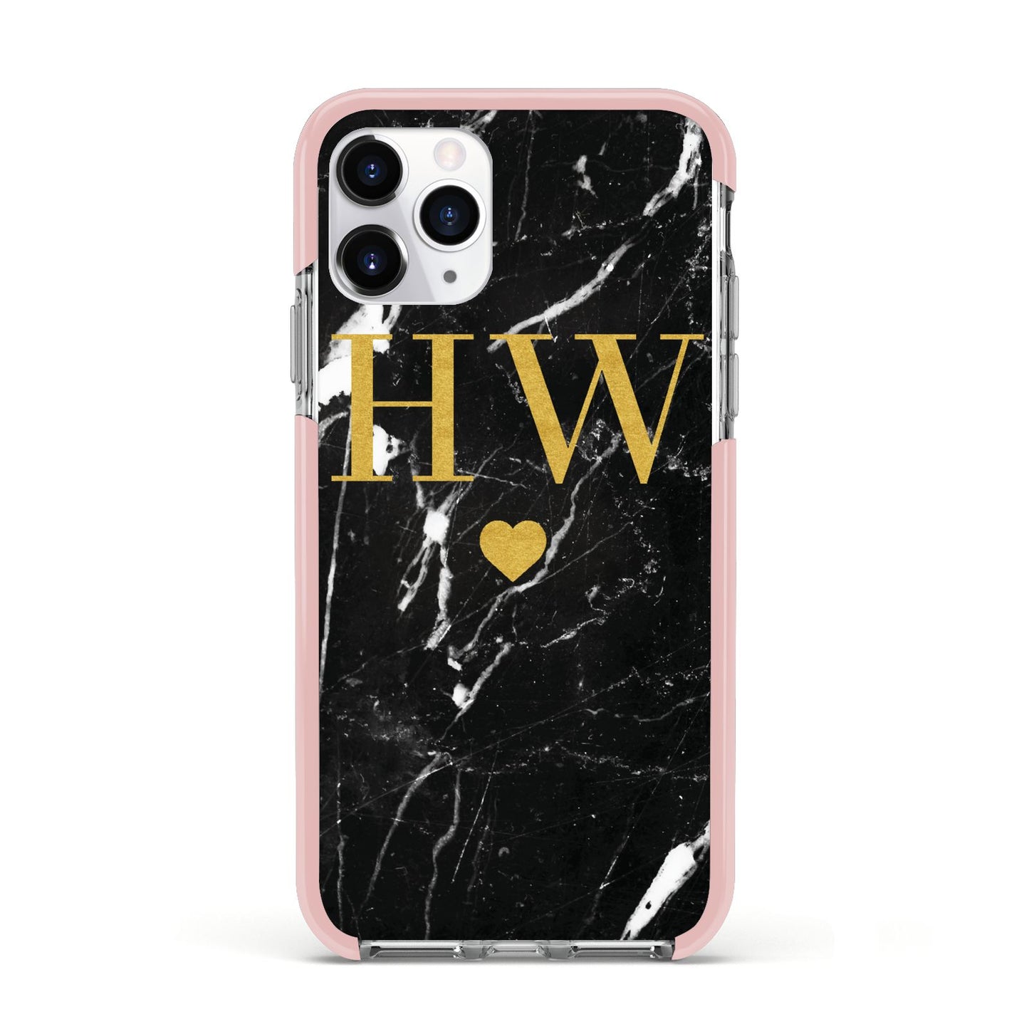 Marble Gold Initials Monogram Personalised Apple iPhone 11 Pro in Silver with Pink Impact Case