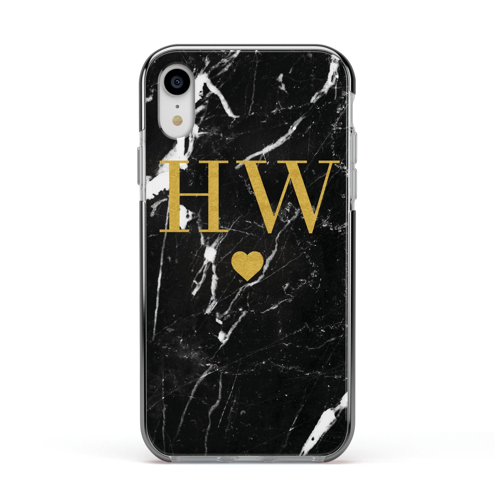 Marble Gold Initials Monogram Personalised Apple iPhone XR Impact Case Black Edge on Silver Phone