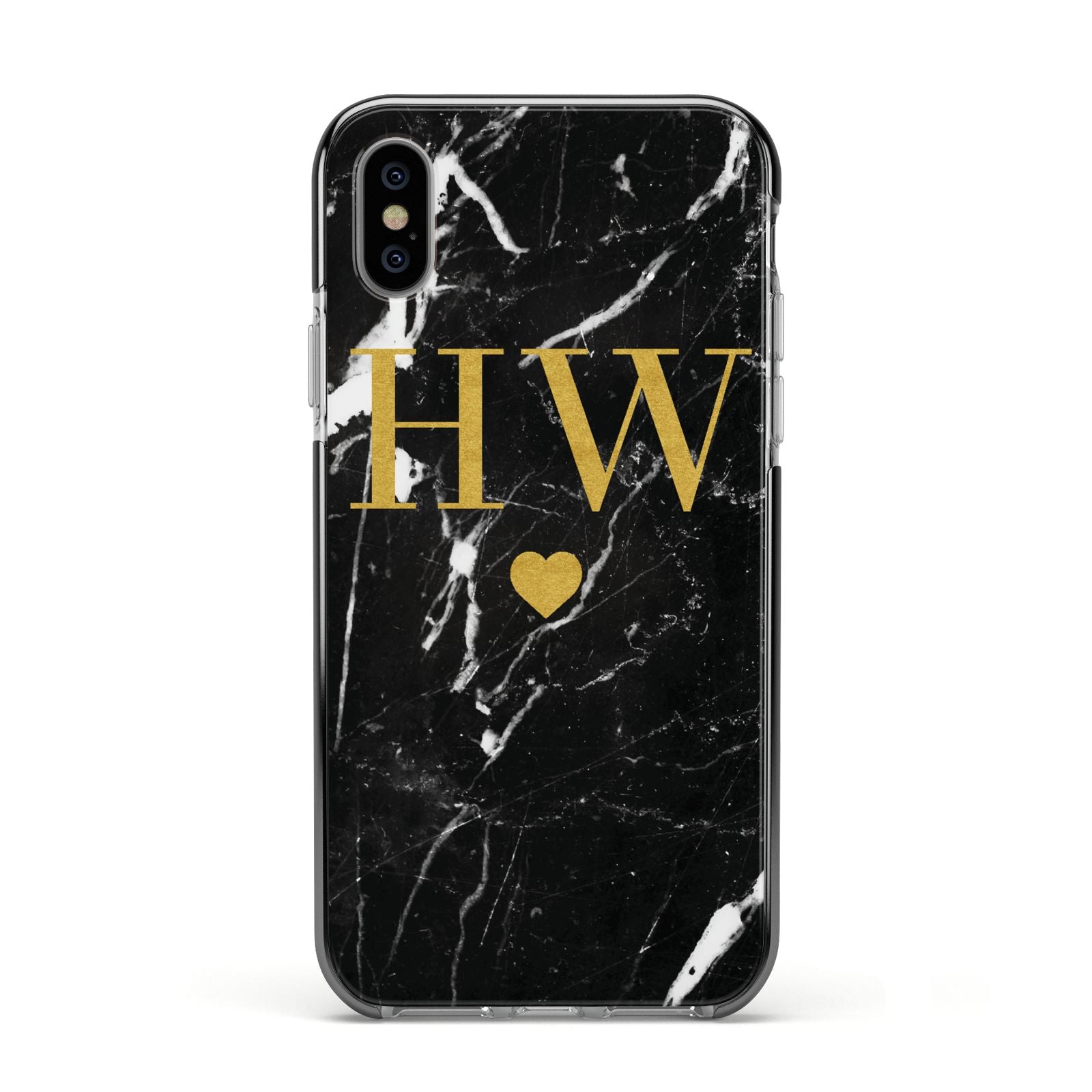 Marble Gold Initials Monogram Personalised Apple iPhone Xs Impact Case Black Edge on Silver Phone