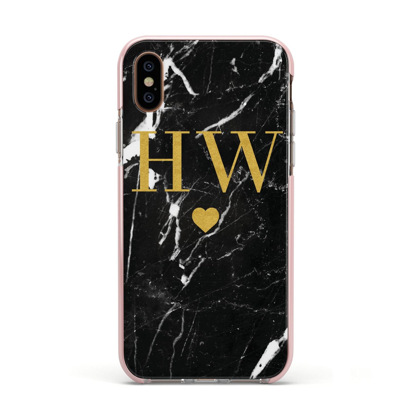 Marble Gold Initials Monogram Personalised Apple iPhone Xs Impact Case Pink Edge on Gold Phone