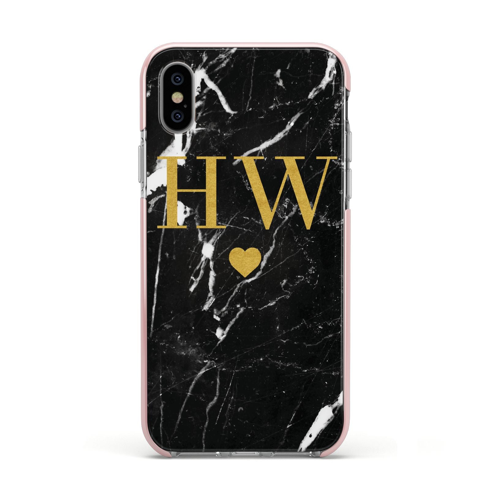Marble Gold Initials Monogram Personalised Apple iPhone Xs Impact Case Pink Edge on Silver Phone