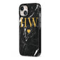 Marble Gold Initials Monogram Personalised iPhone 13 Black Impact Case Side Angle on Silver phone