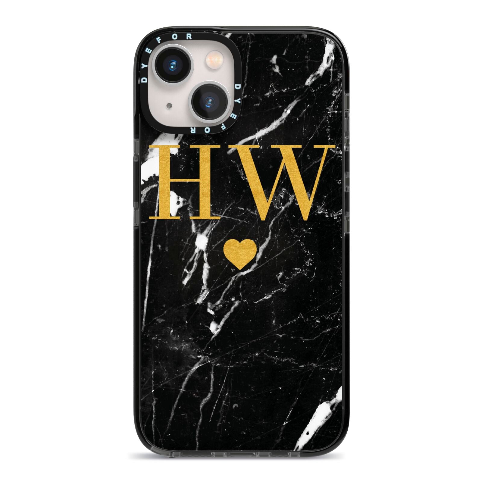Marble Gold Initials Monogram Personalised iPhone 13 Black Impact Case on Silver phone